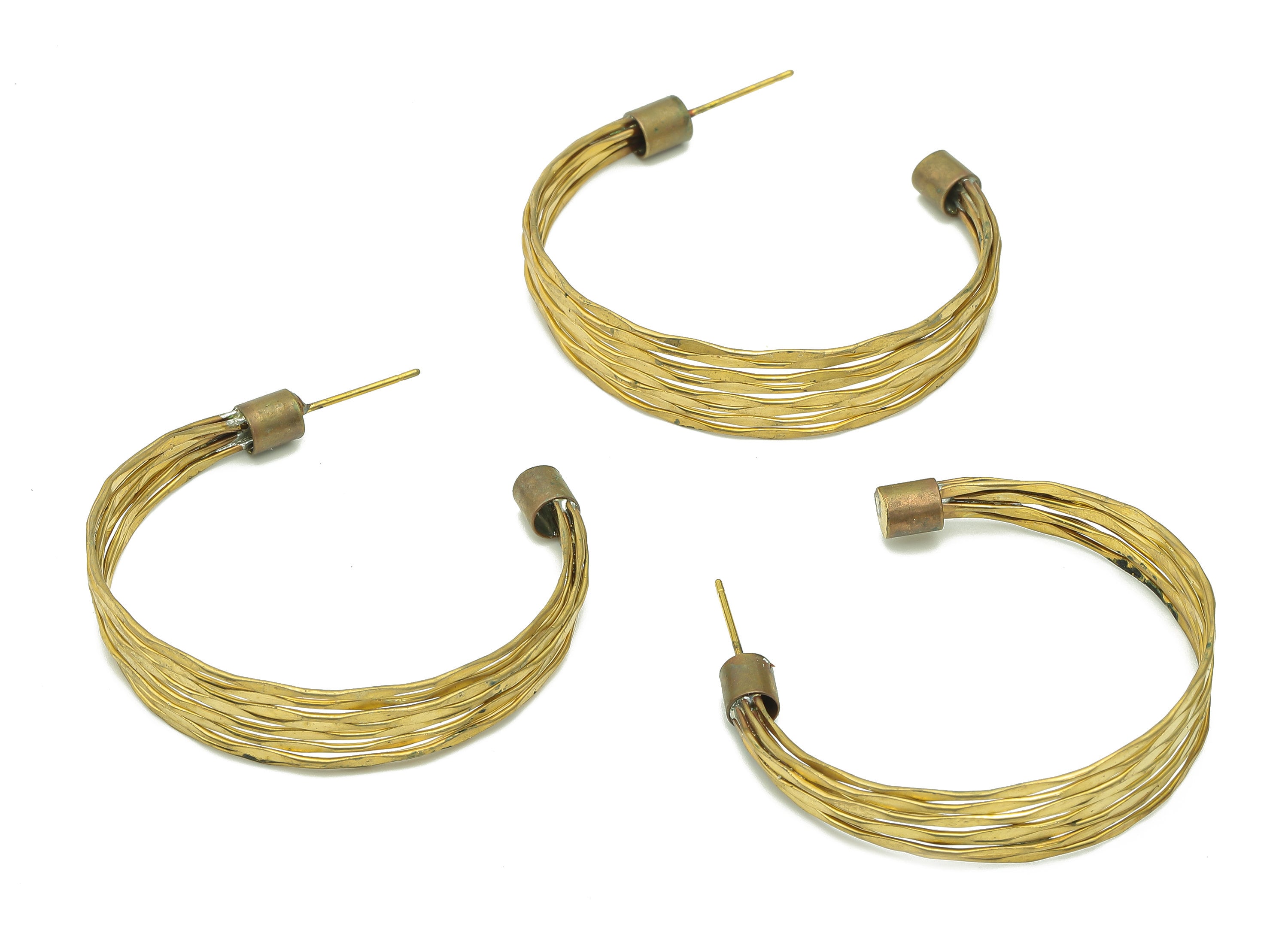 Brass Hammered Wires Hoop Earring - Raw Brass Textured C Earring Post - Brass Wires Wide Stud Earring - Brass Stud - 39.8x36x0.7mm - PP8012 - DOMEDBAZAAR