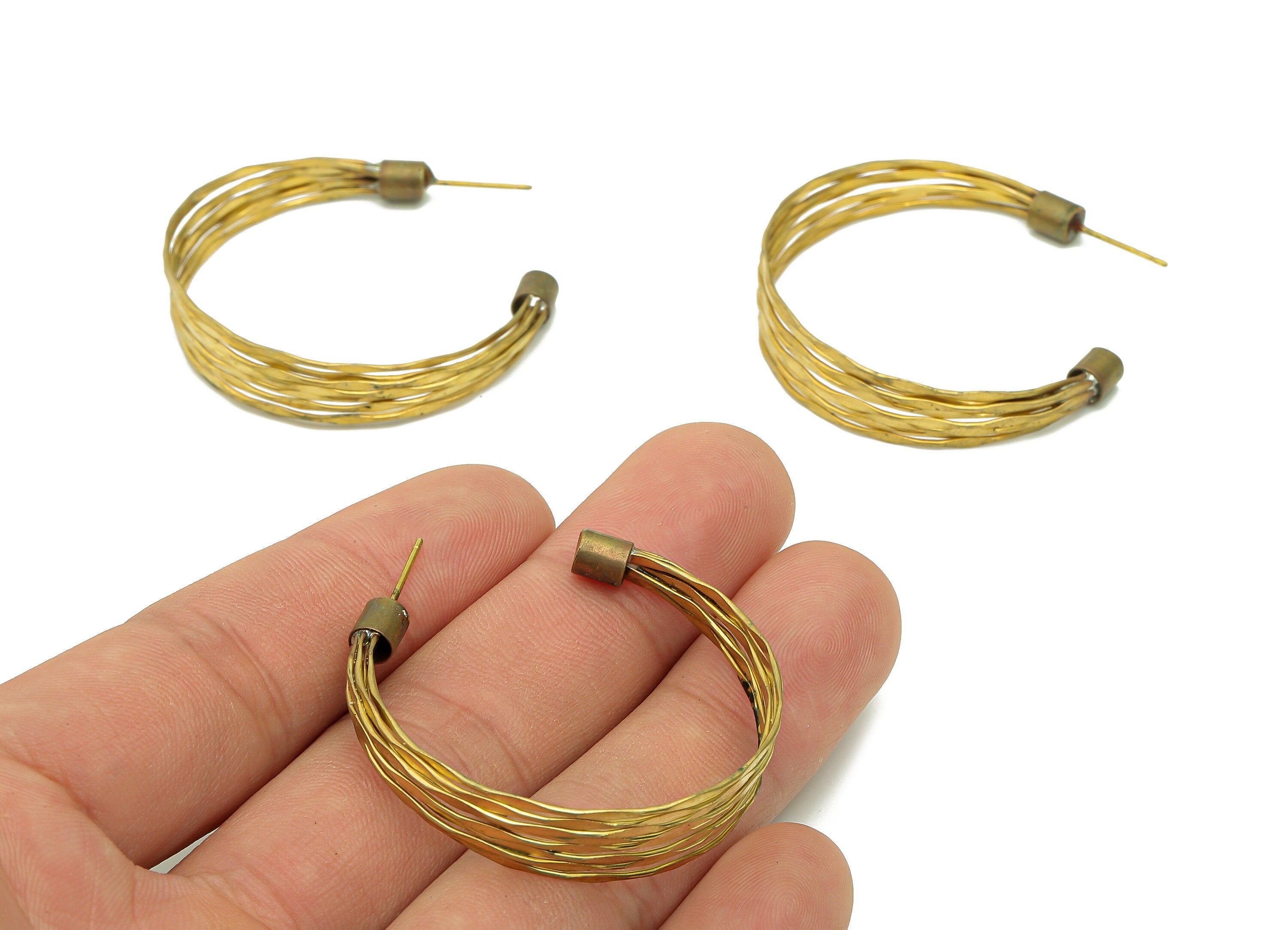 Brass Hammered Wires Hoop Earring - Raw Brass Textured C Earring Post - Brass Wires Wide Stud Earring - Brass Stud - 39.8x36x0.7mm - PP8012 - DOMEDBAZAAR