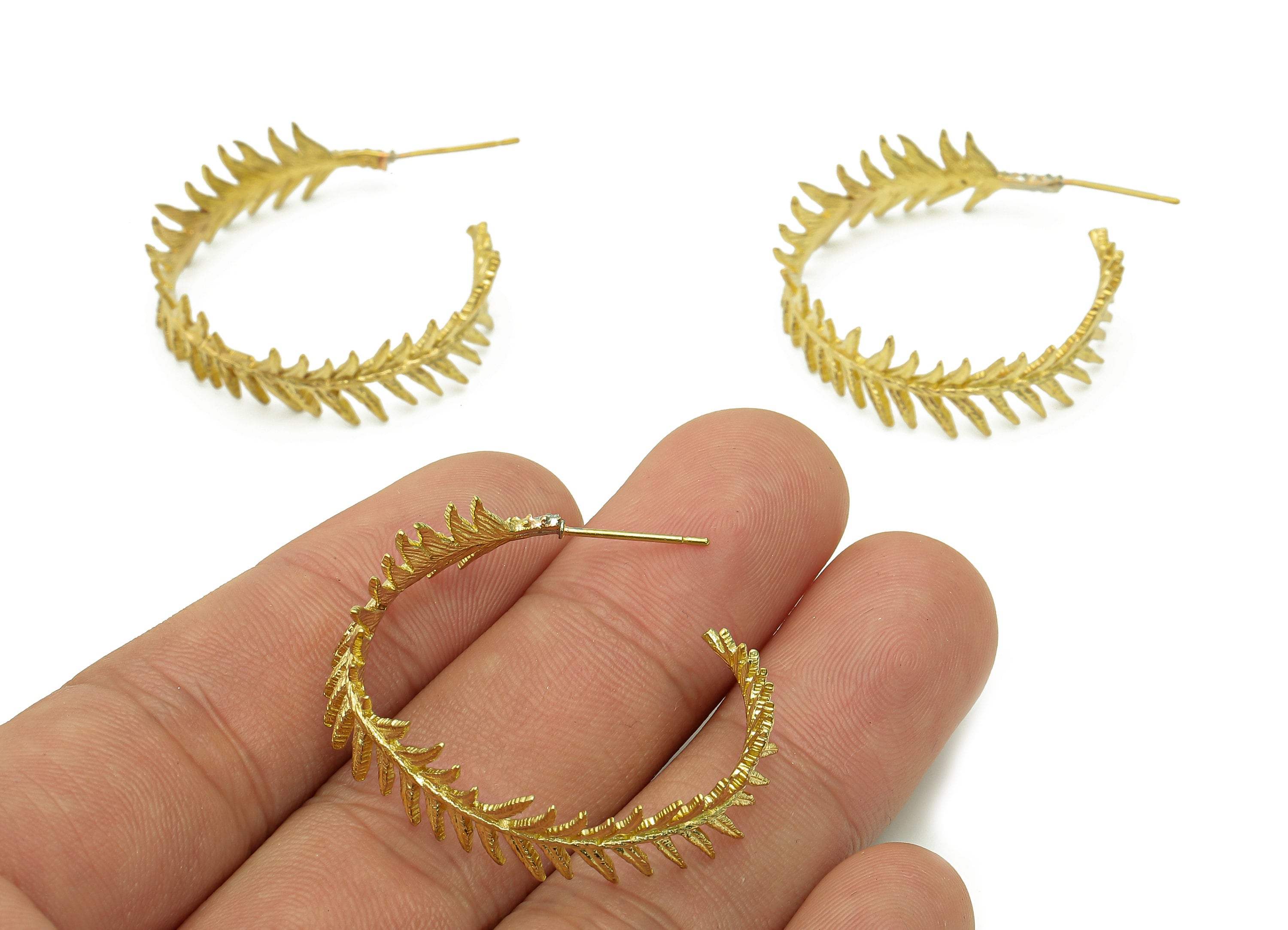 Brass Branch Hoop Earrings Stud - Raw Brass Leaf C Earring Post - Leaves Hoop Stud Earring - Brass Stud - 31.3x27.9x2mm - PP8013 - DOMEDBAZAAR
