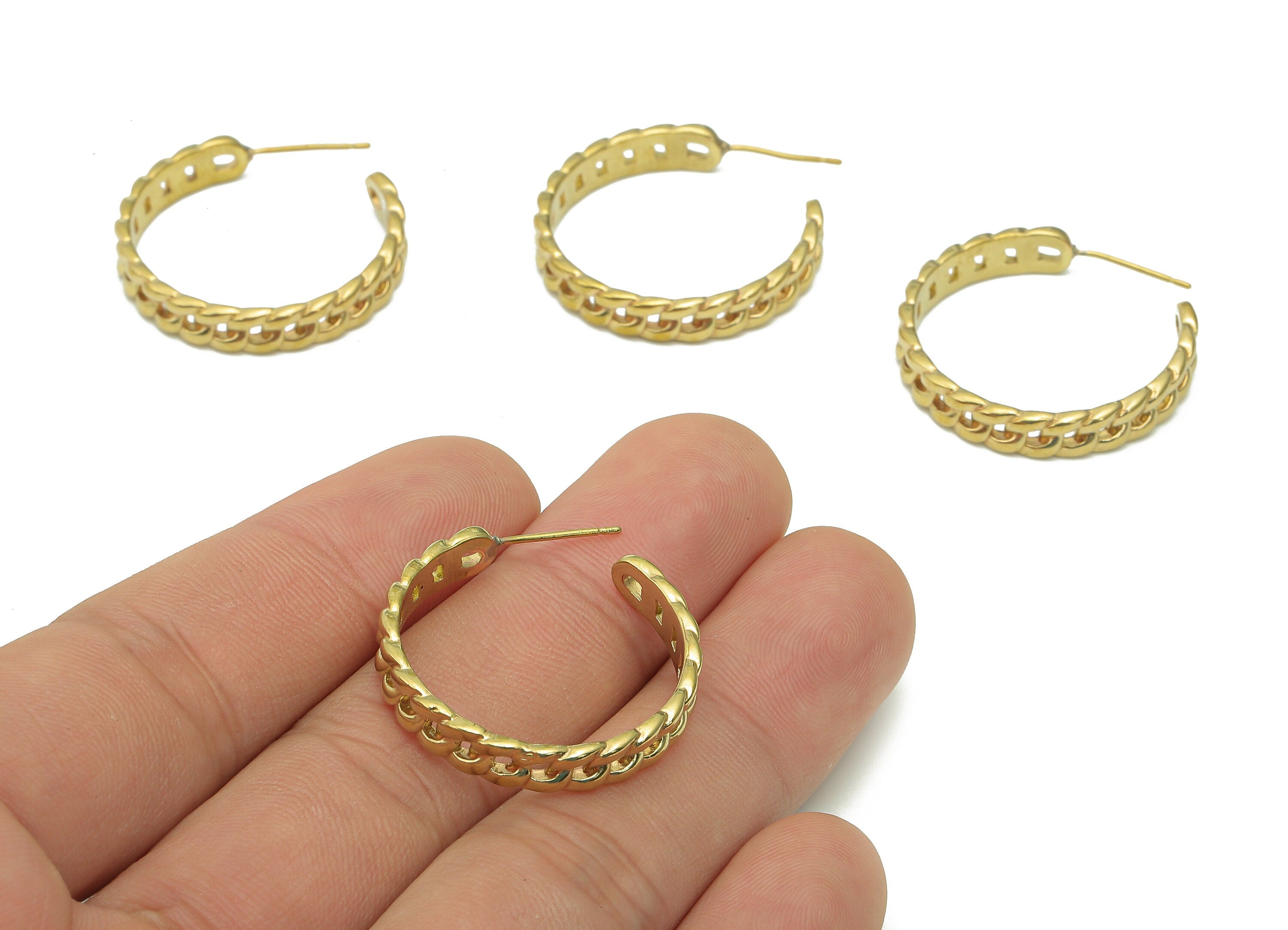 Brass Curb Chain Hoop Earrings Stud - Raw Brass Huggie C Earring Post - Open Huggie Hoop Stud Earring - Brass Stud - 28.3x25.3x1.8mm -PP8014 - DOMEDBAZAAR