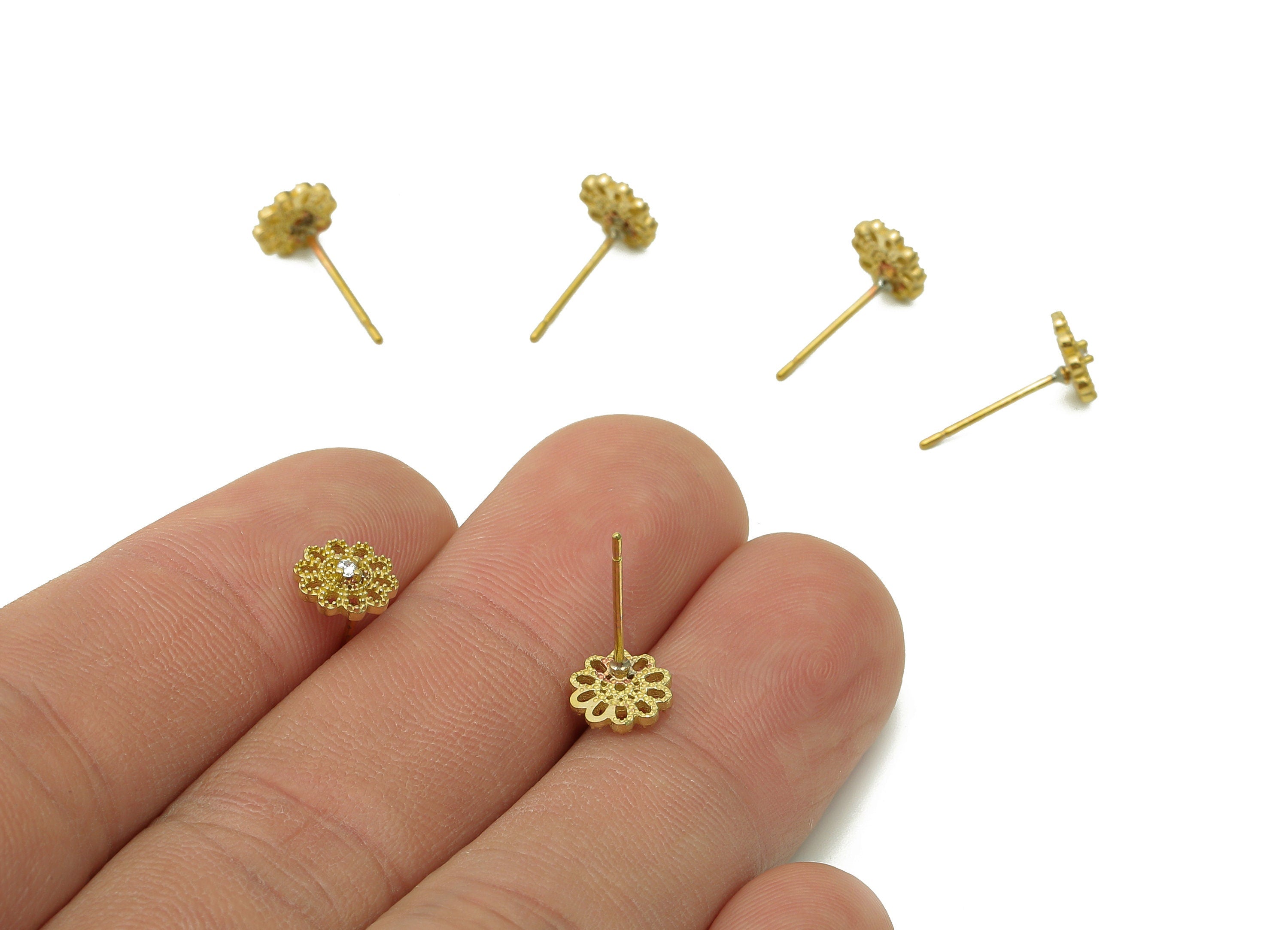 Brass Zircon Tiny Flower Earrings Stud - Raw Brass Mini Flower Earring Post - Botanical Stud Earring - Brass Stud - 6.9x6.9x2mm - PP8022 - DOMEDBAZAAR