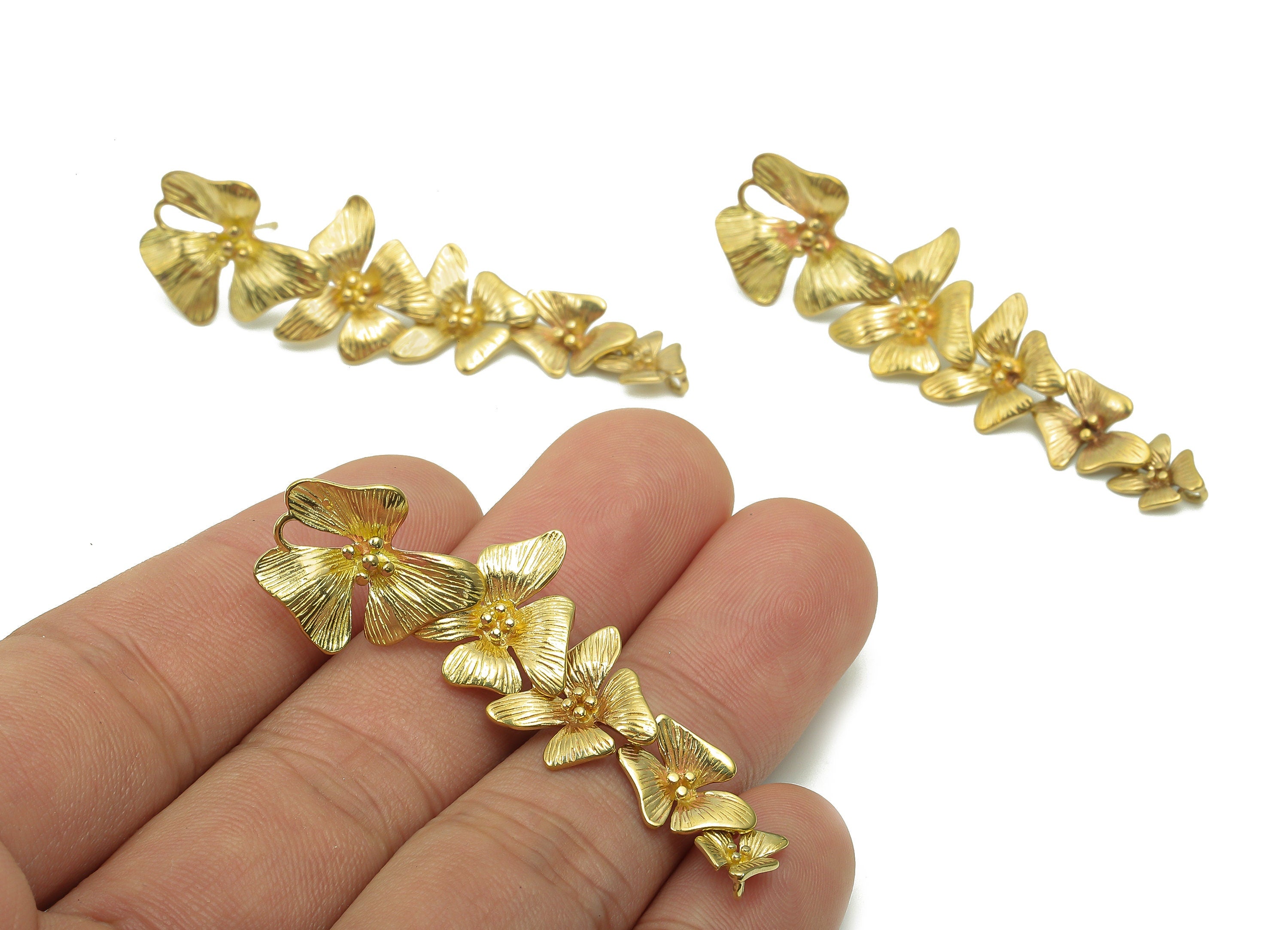 Brass Hanging Flower Earrings Stud - Raw Brass Branch Earring Post - Botanical Stud Earring - Brass Stud - 56.5x15.1x0.8mm - PP8023 - DOMEDBAZAAR