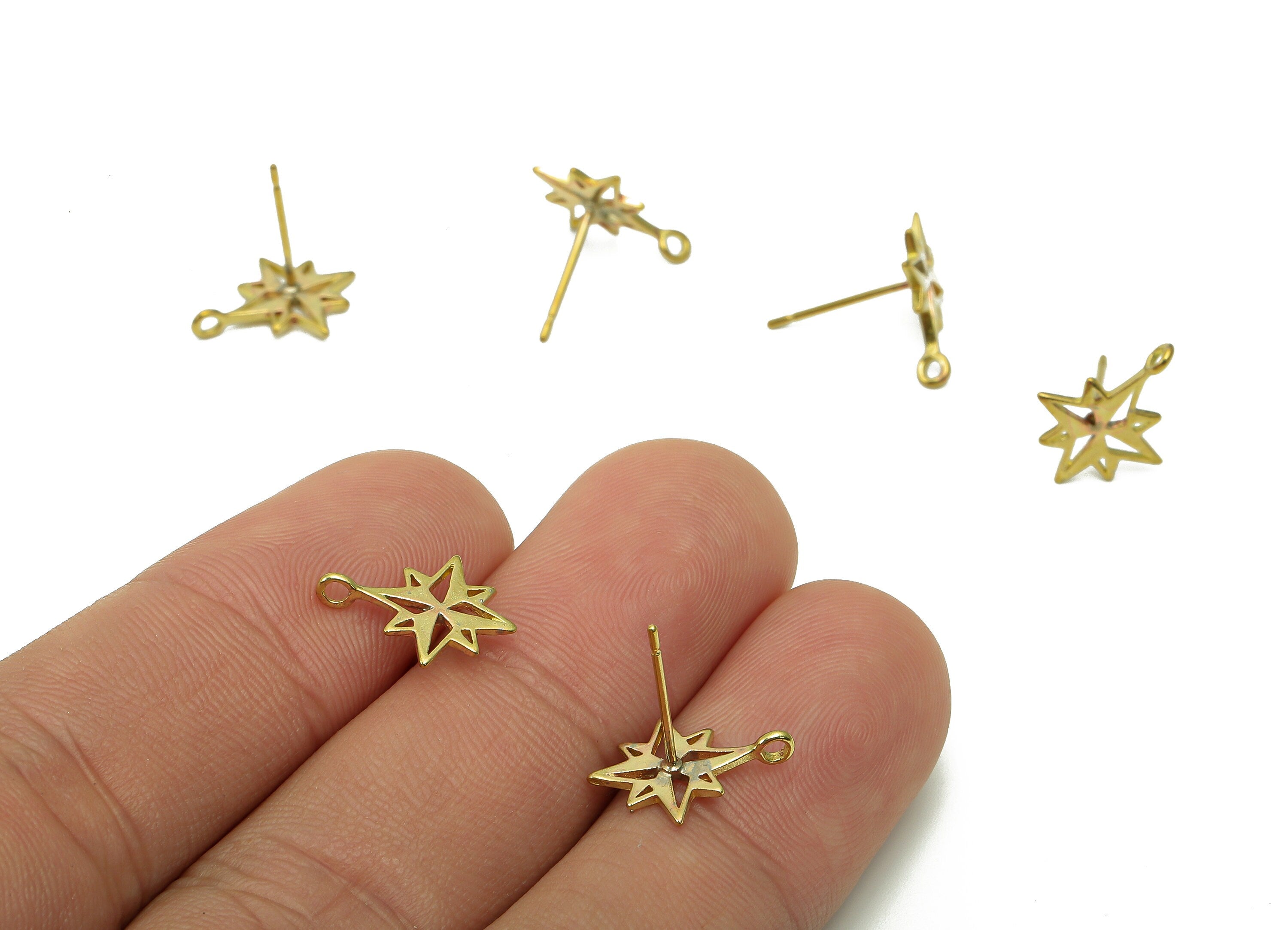 Brass North Star Earrings Stud - Raw Brass Compass Star Earring Post - Star Stud Earring With Loop - Brass Stud - 13.7x11x0.9mm - PP8027 - DOMEDBAZAAR