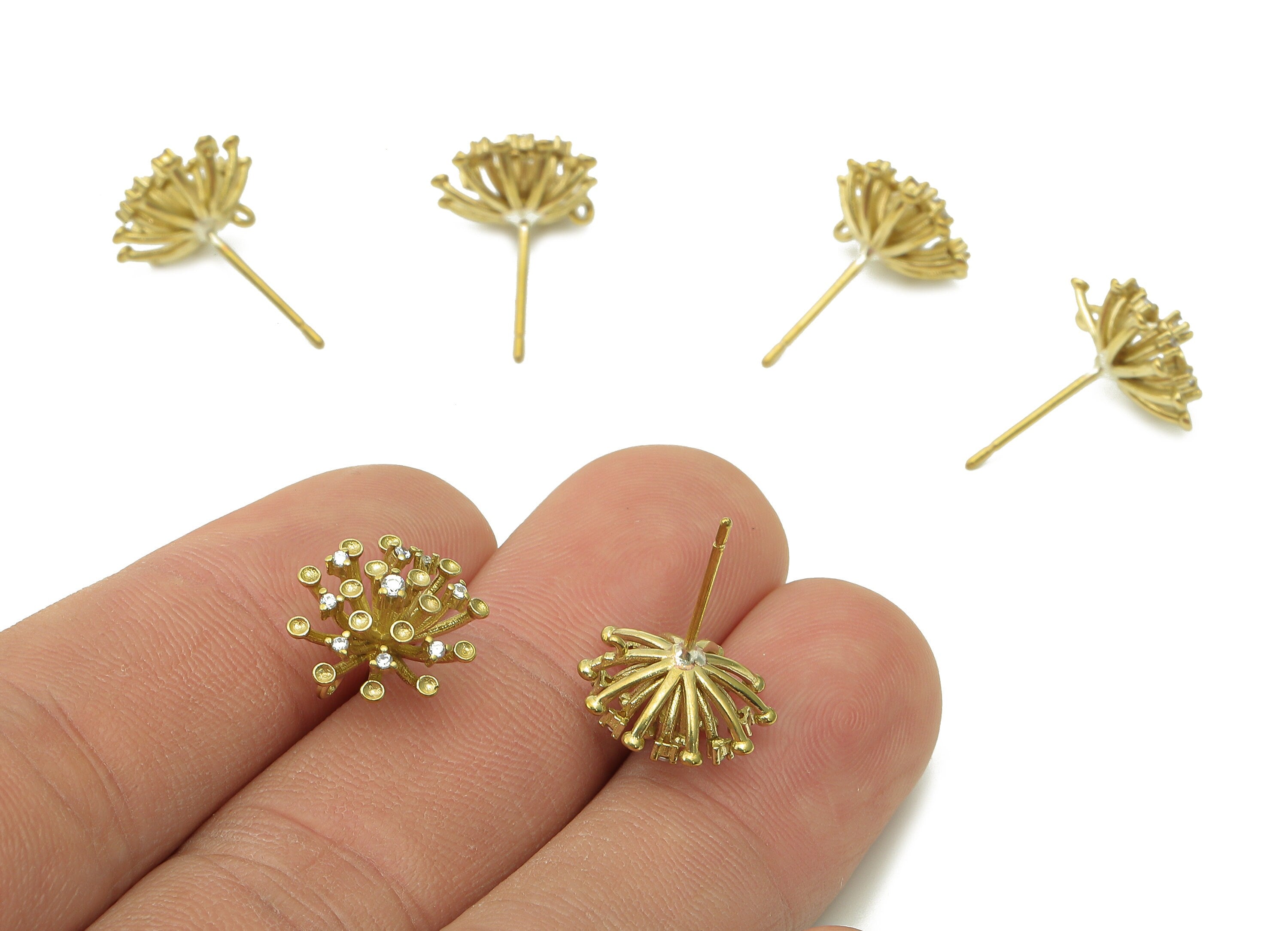 Brass Zircon Flower Earrings Stud - Raw Brass Dandelion Earring Post - Pin Cushion Protea - Brass Stud Earring - 13.2x13.2x5.3mm - PP8034 - DOMEDBAZAAR