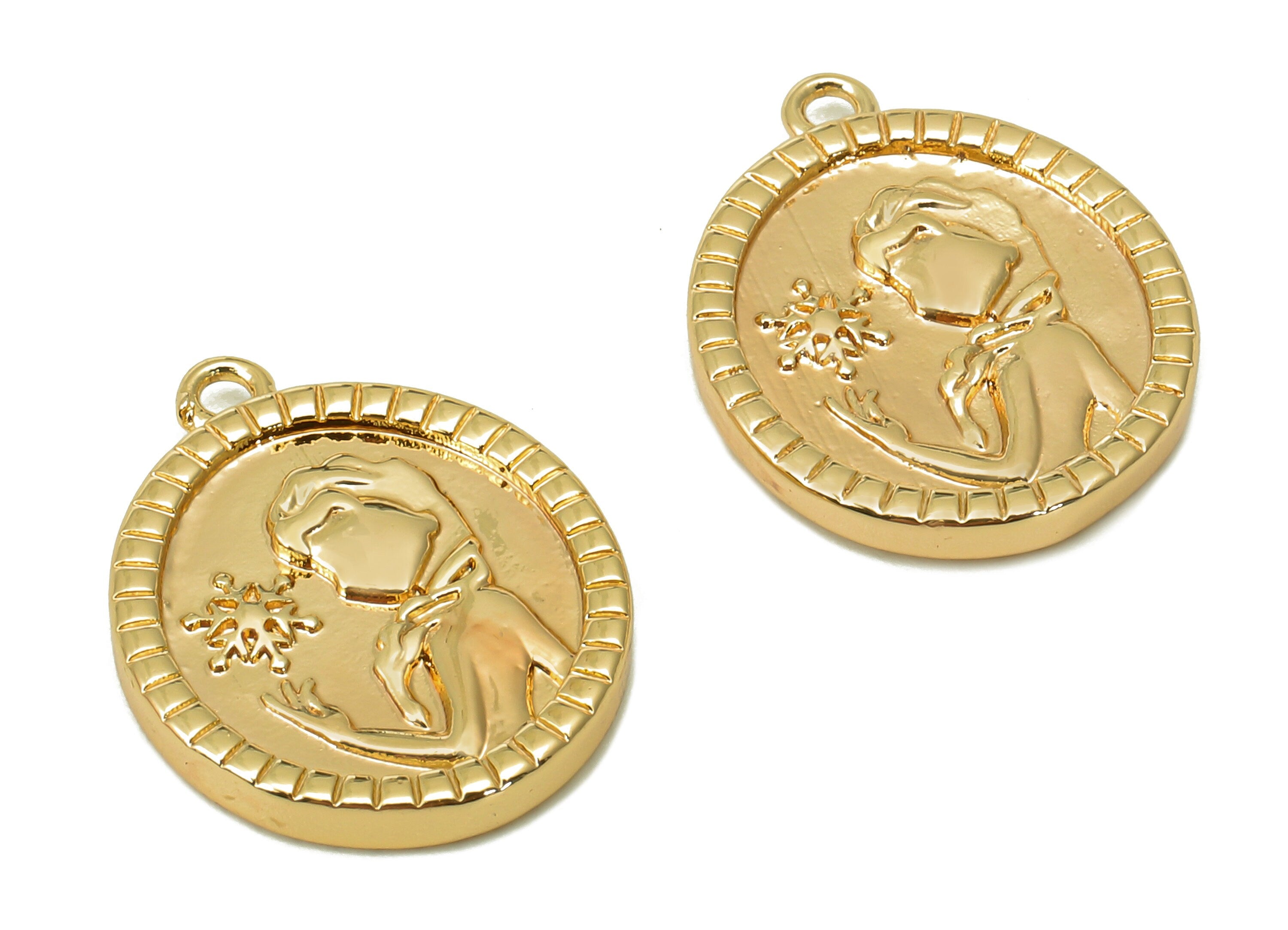 Brass Snowflake Oval Earring - Gold Portrait Snowflake Oval Charm - Pendant With Loop - 18K Real Gold Plating - 18.2x14.5x2.3mm - RGP5551 - DOMEDBAZAAR