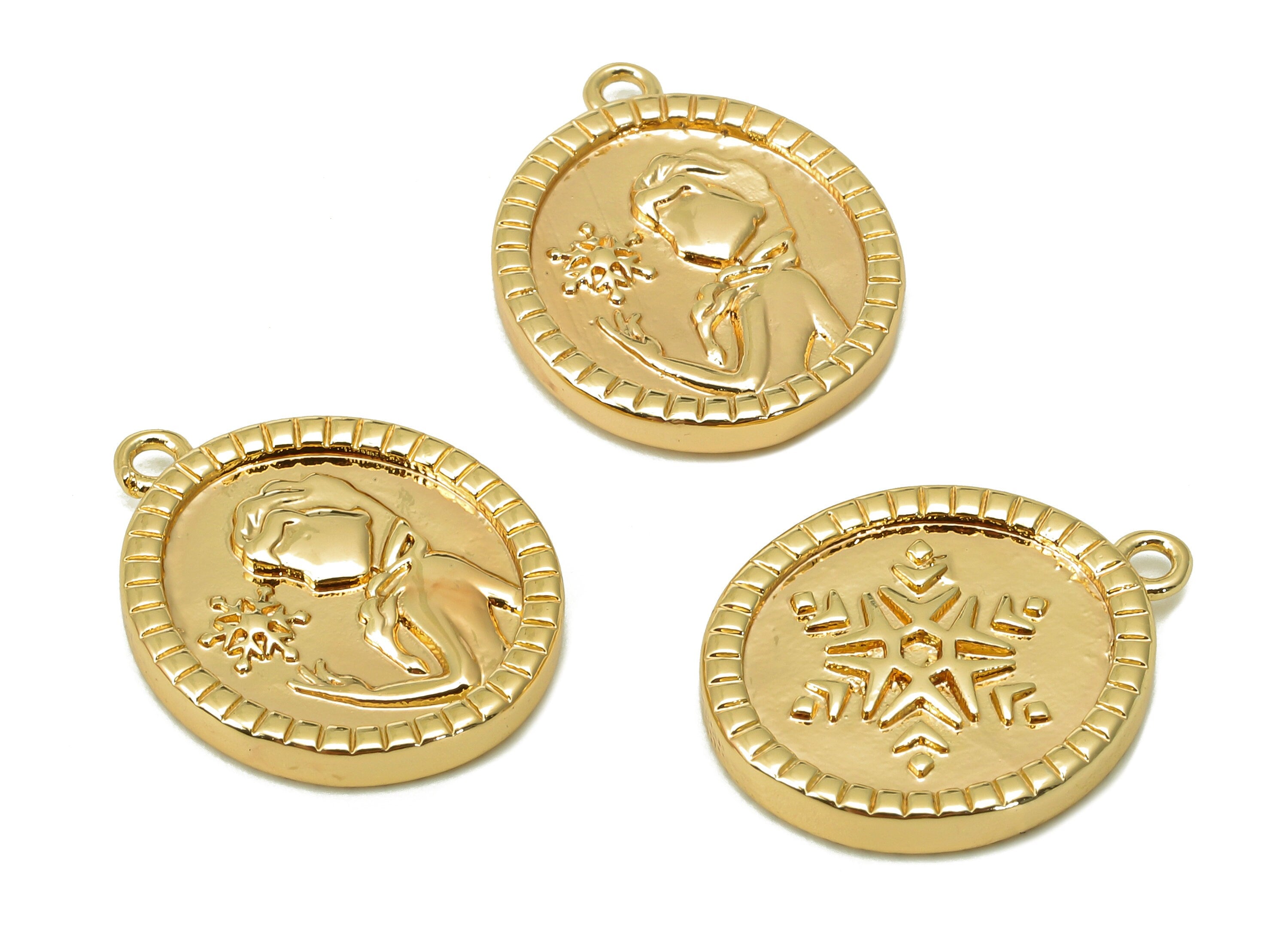 Brass Snowflake Oval Earring - Gold Portrait Snowflake Oval Charm - Pendant With Loop - 18K Real Gold Plating - 18.2x14.5x2.3mm - RGP5551 - DOMEDBAZAAR
