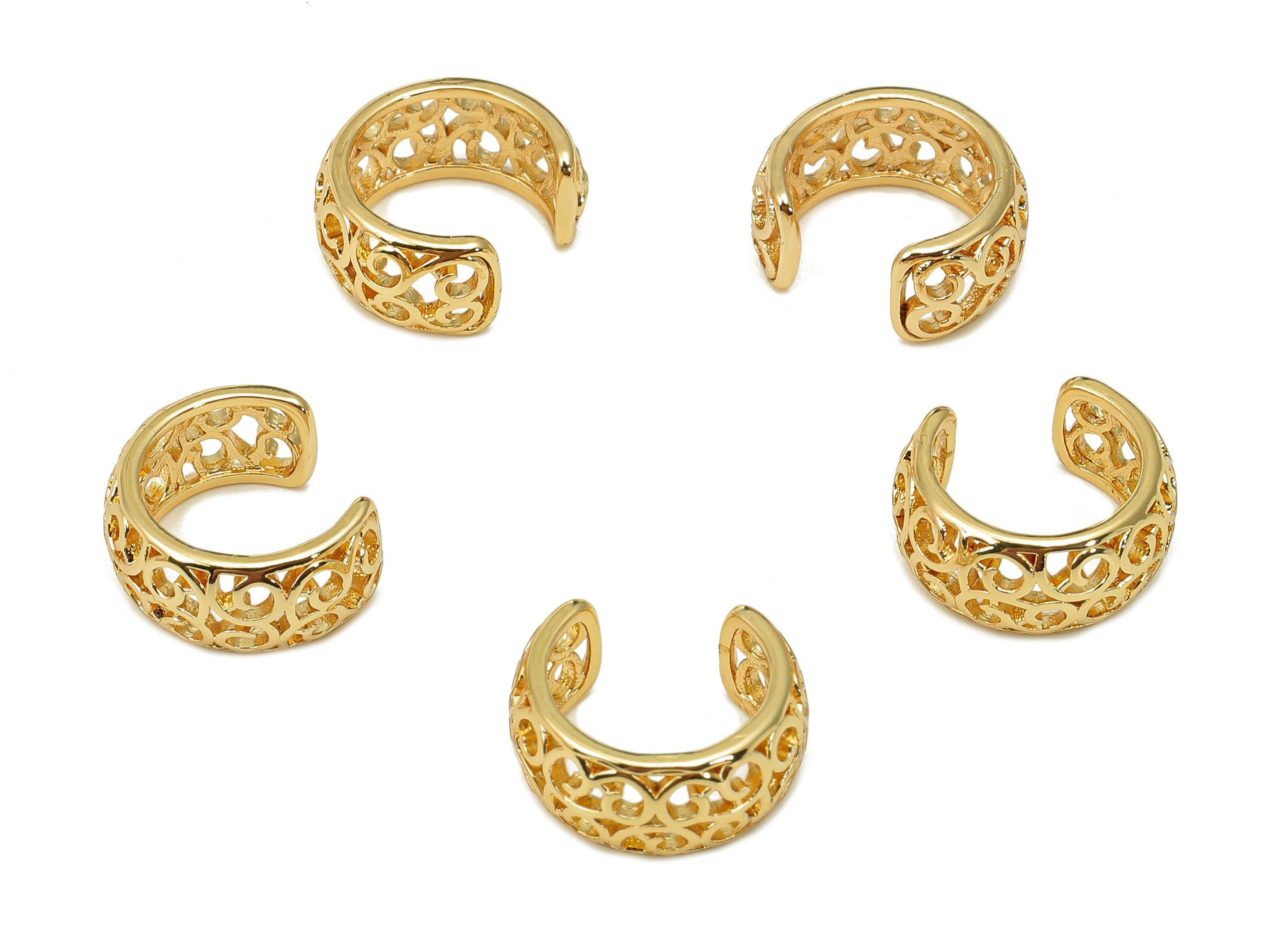 Brass Flower Open Round C Ring - Wide Flower Ear Clip - Wide Hoop Ear Cuff - 18K Real Gold Plating Earring Cuff - 11.2x5.6x1.1mm - RGP5555 - DOMEDBAZAAR