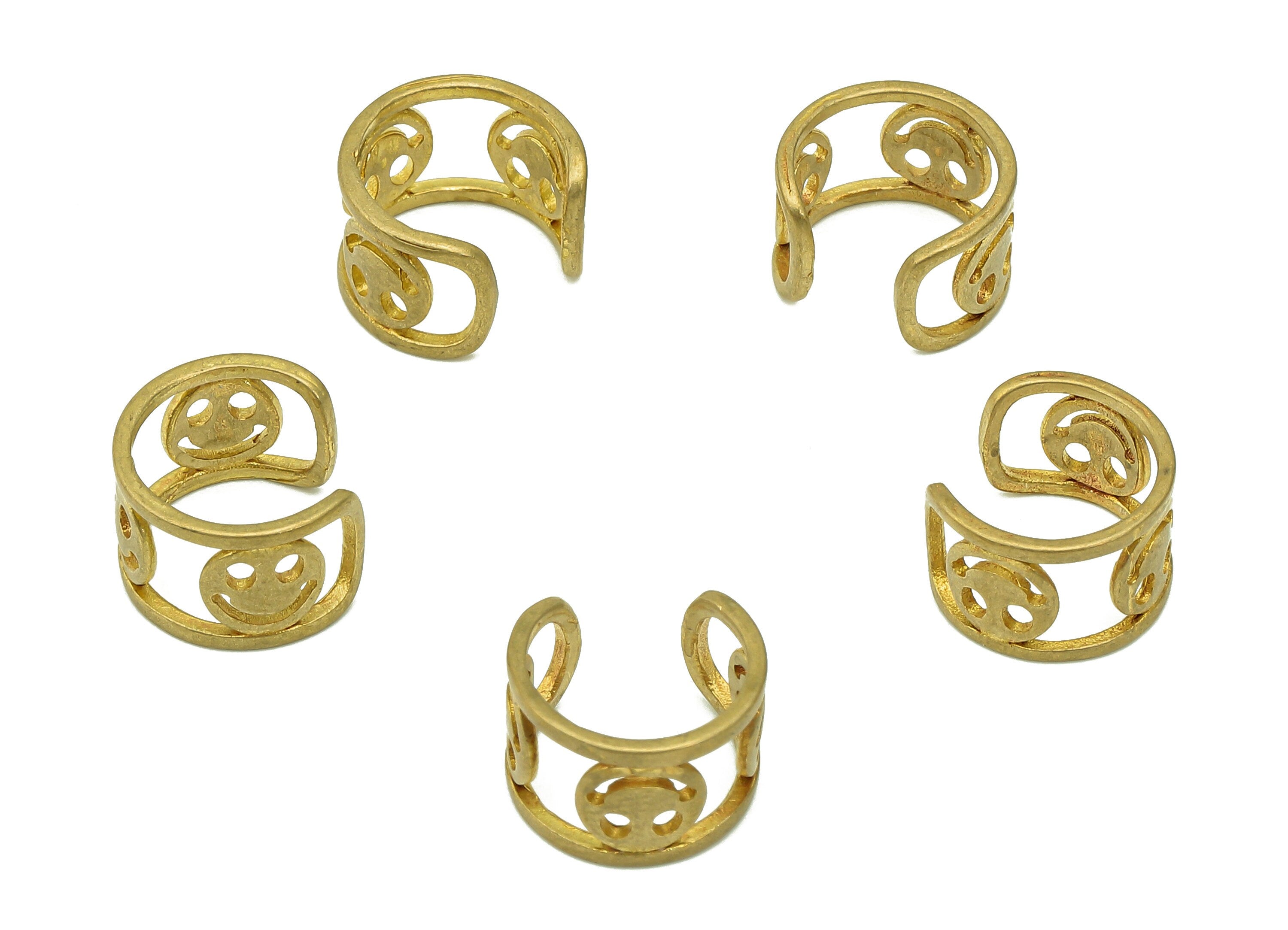 Brass Smile Open Round C Ring - Raw Brass Circle Earring Cuff - Happy Face Hoop Hollow Ear Clip - Wide Cuff Ear - 10.46x10.19x1.2mm - PP8132 - DOMEDBAZAAR