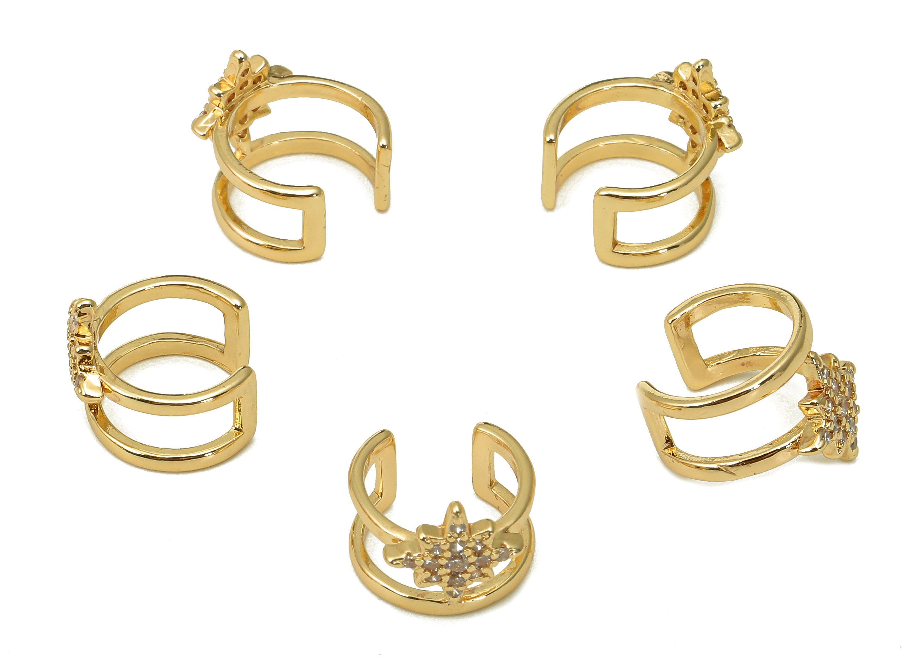 Brass Star Open Round Ring - C Earring Cuff With Zircon - Rectangle Hoop Ear Clip - 18K Real Gold Plating Cuff Ear - 11.9x6.4x1.2mm -RGP5545 - DOMEDBAZAAR