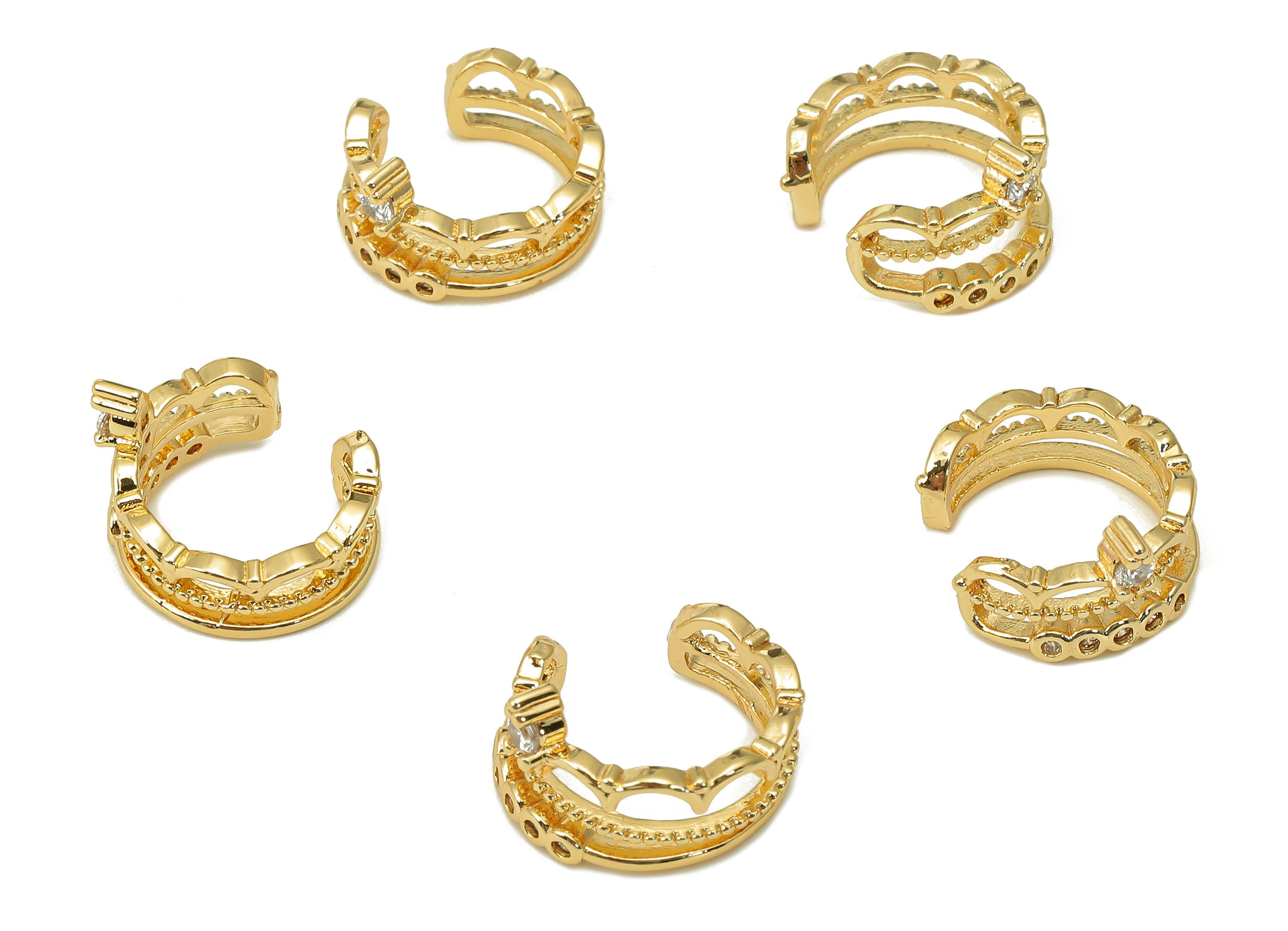 Brass Crown Open Round C Ring - Hoop Ear Clip With Zircon - Huggie Earring Cuff - 18K Real Gold Plating Cuff Ear - 12.7x8.1x1.5mm - RGP5549 - DOMEDBAZAAR