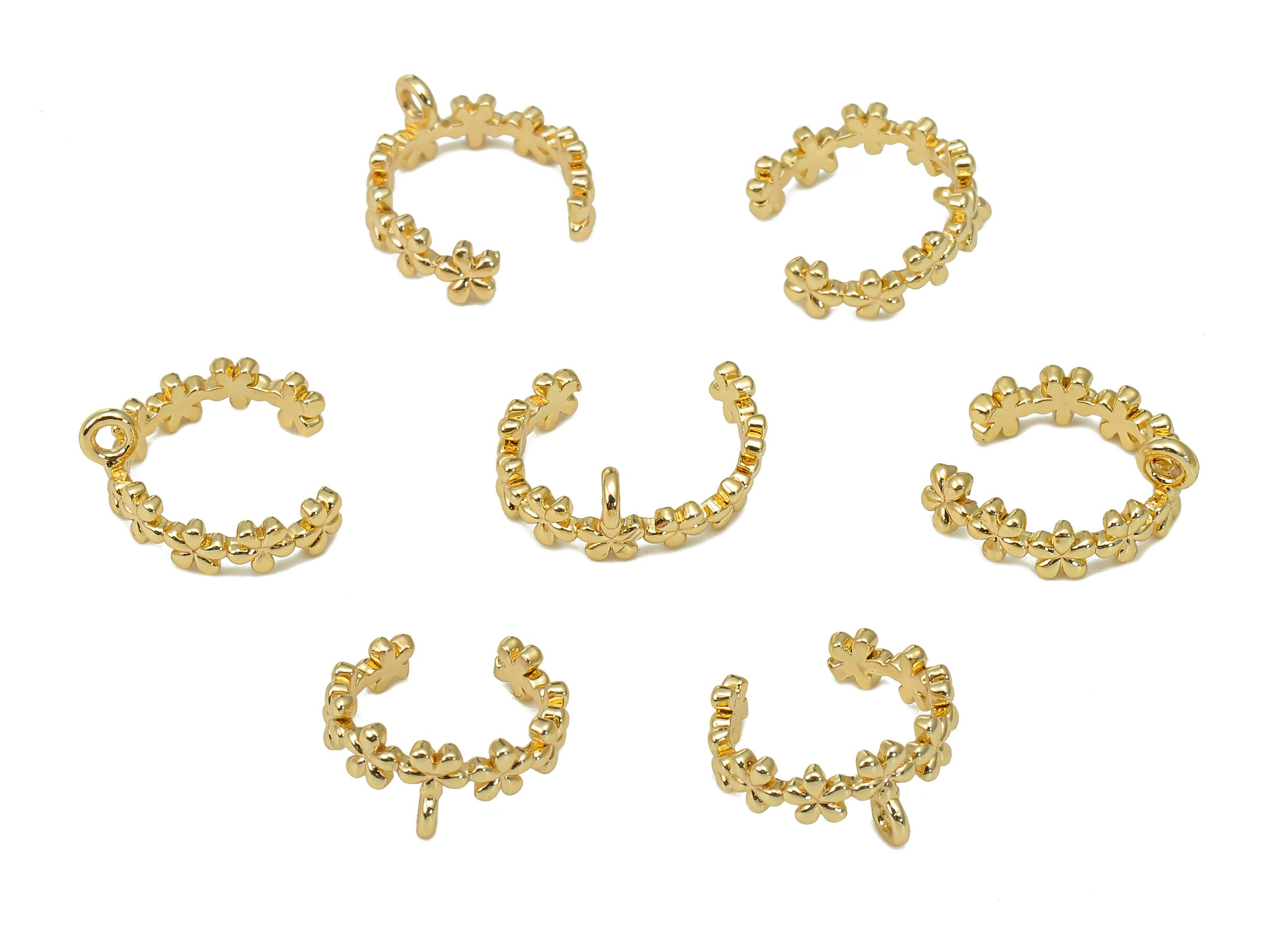 Brass Mini Flower Open Round Ring - Gold Flower Ear Clip - C Cuff Ear With Loop - 18K Real Gold Plating Earring Cuff - 11.2x5.3x1mm -RGP5540 - DOMEDBAZAAR