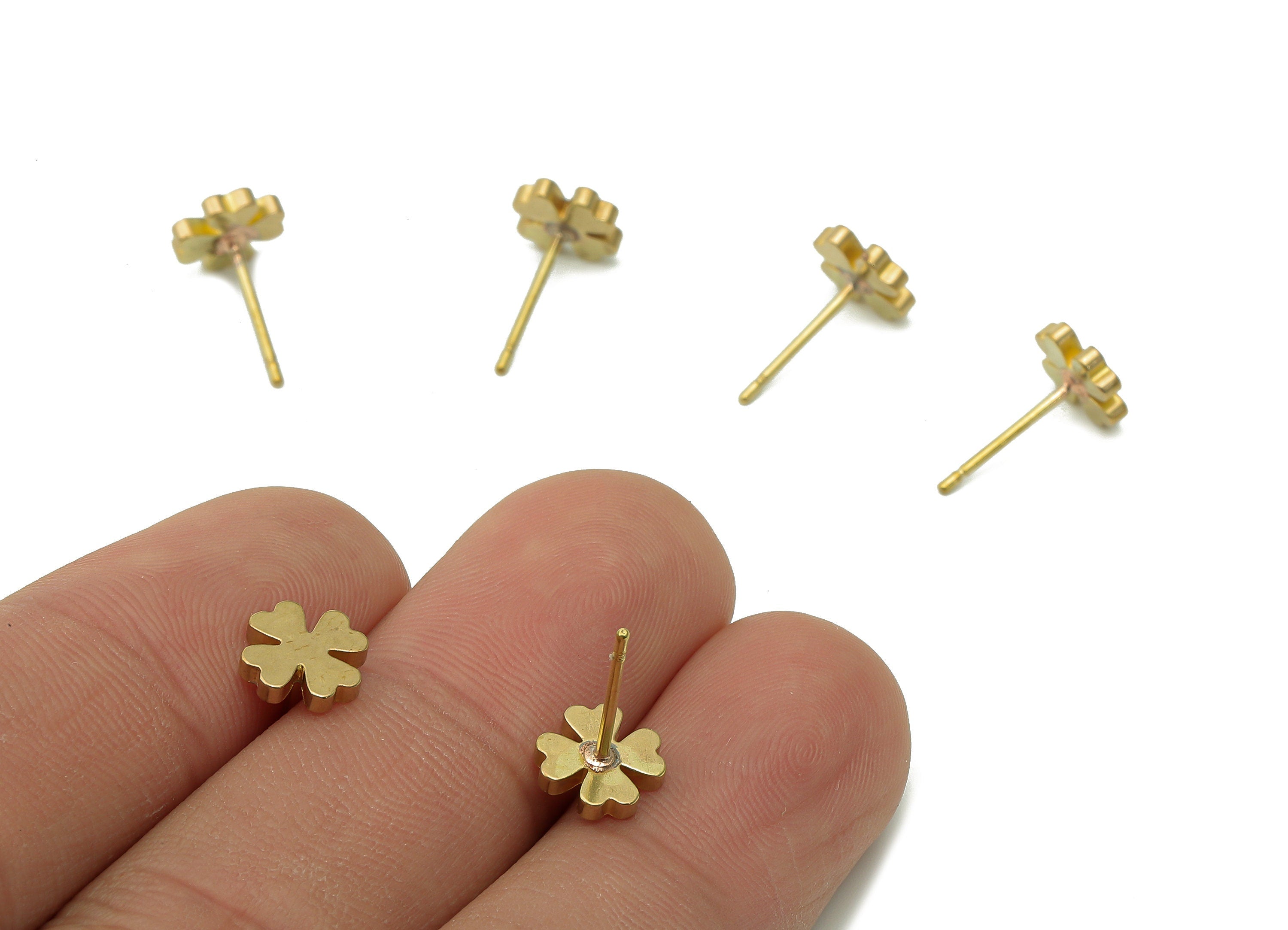 Brass Mini Flower Earrings Stud - Raw Brass Cloverleaf Earring Post - Mini Botanical Stud Earring - Brass Stud - 7.3x7.3x1.6mm - PP8052 - DOMEDBAZAAR