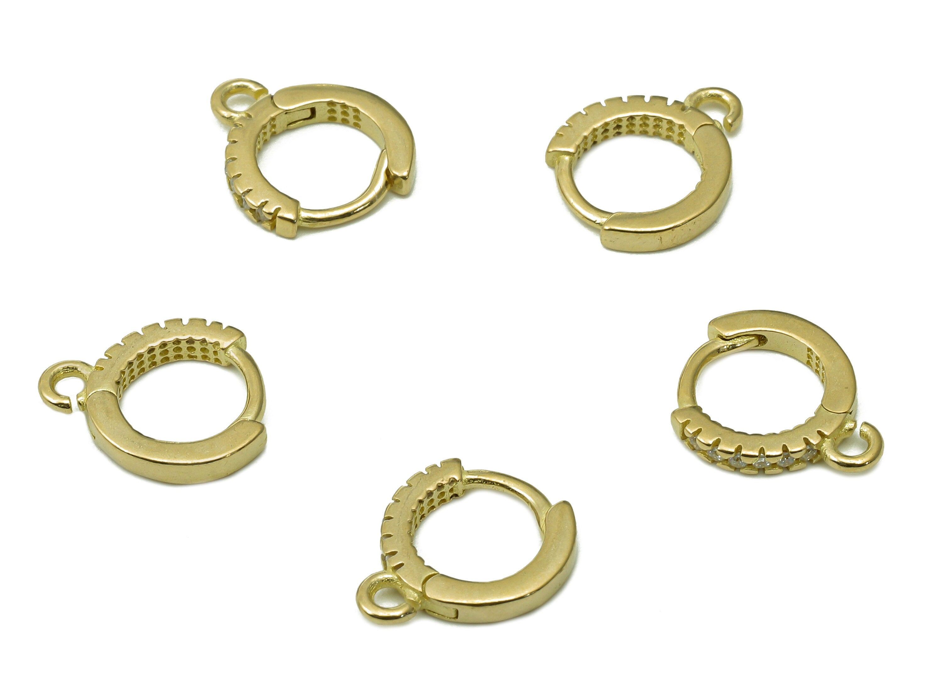 Brass Round Earring Clasp - Raw Brass Huggie Hoop With Loop - Circle Pendant With Zircons - Huggies Clasps - 11.2x10x1.8mm - PP8066 - DOMEDBAZAAR