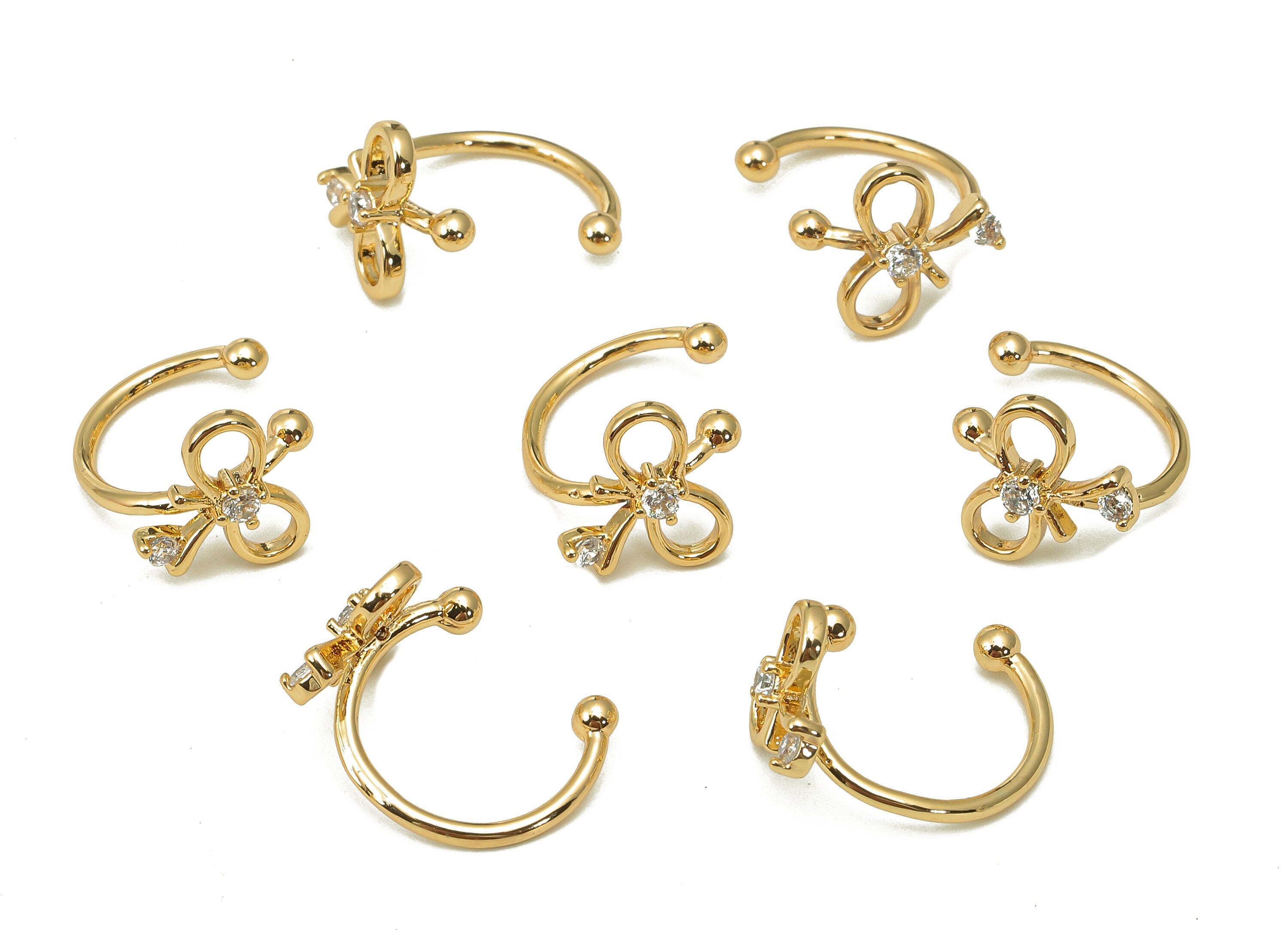 Brass Bow Tie Open Round Ring - Bow-Knot Earring Cuff With Zircon - C Hoop Ear Clip - 18K Real Gold Plating Cuff Ear-16.1x11.9x2.3mm-RGP5512 - DOMEDBAZAAR
