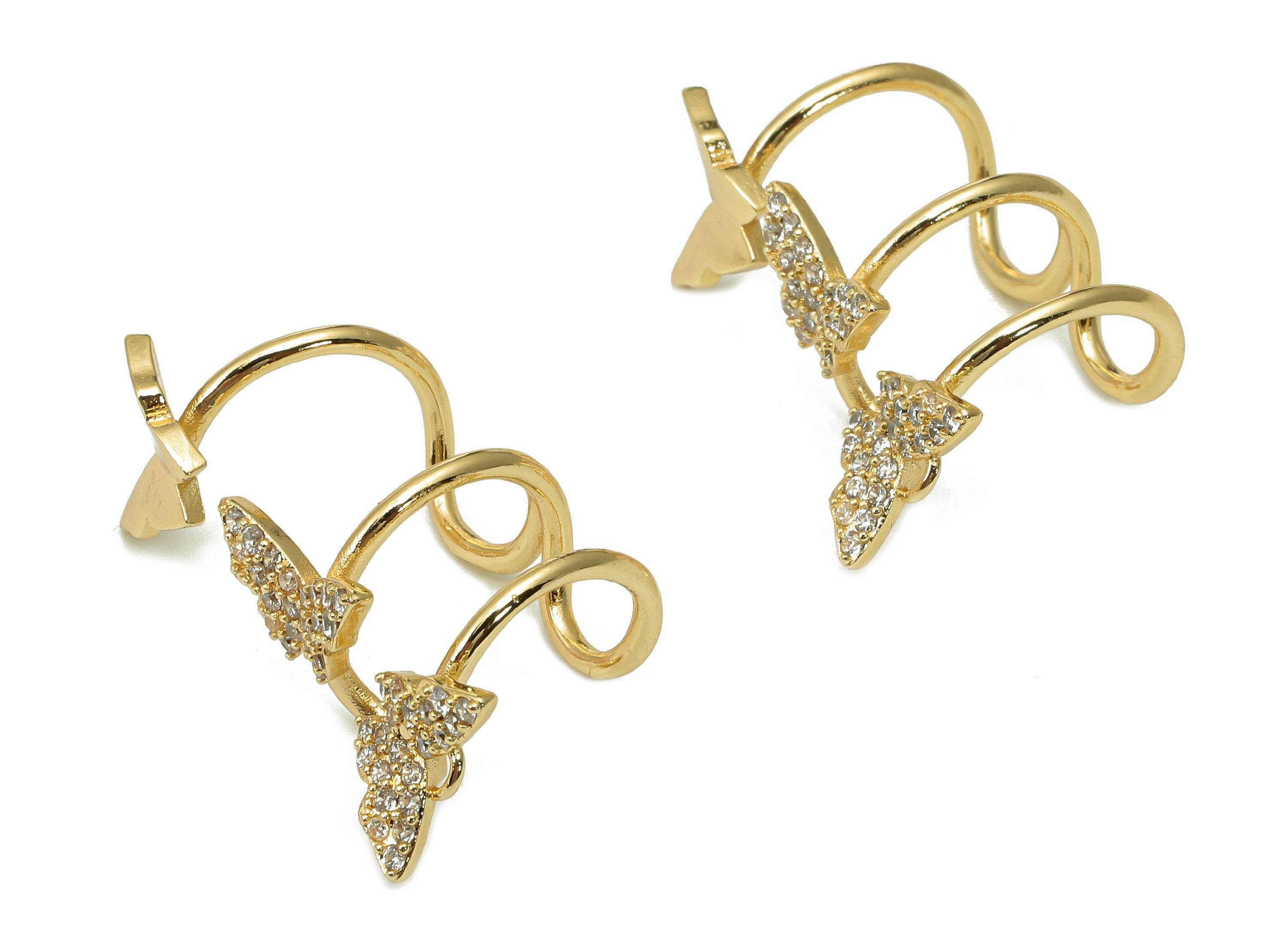 Brass Butterfly Open Round Ring - C Earring Cuff With Zircon - Ear Clip - 18K Real Gold Plating Cuff Ear - 16.1x11.9x2.3mm - RGP5513 - DOMEDBAZAAR