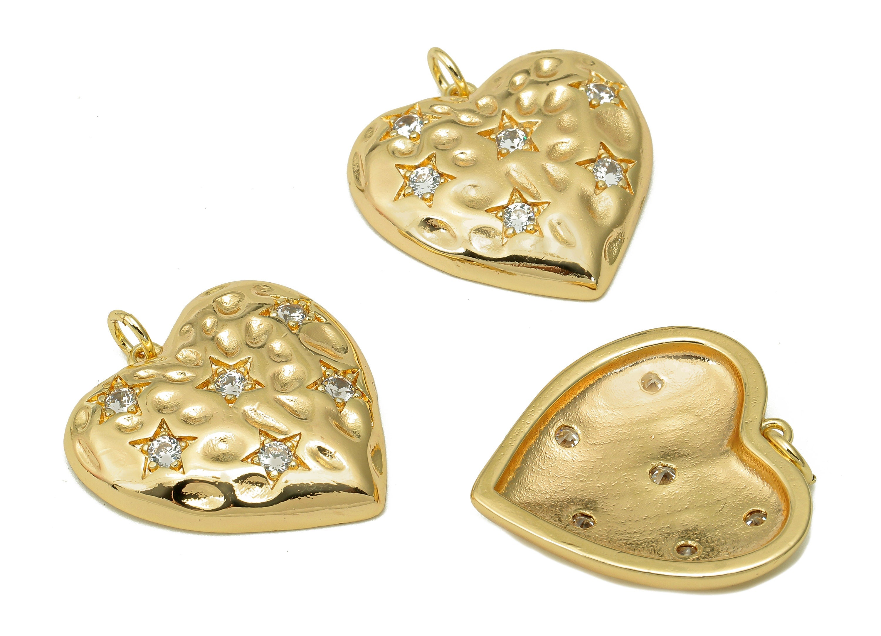 Brass Heart Star Zircon Pendant - Zircon Heart Earring Charm - Earring With Loop - 18K Real Gold Plating Charm - 25.9x24.2x2.6mm - RGP5514 - DOMEDBAZAAR