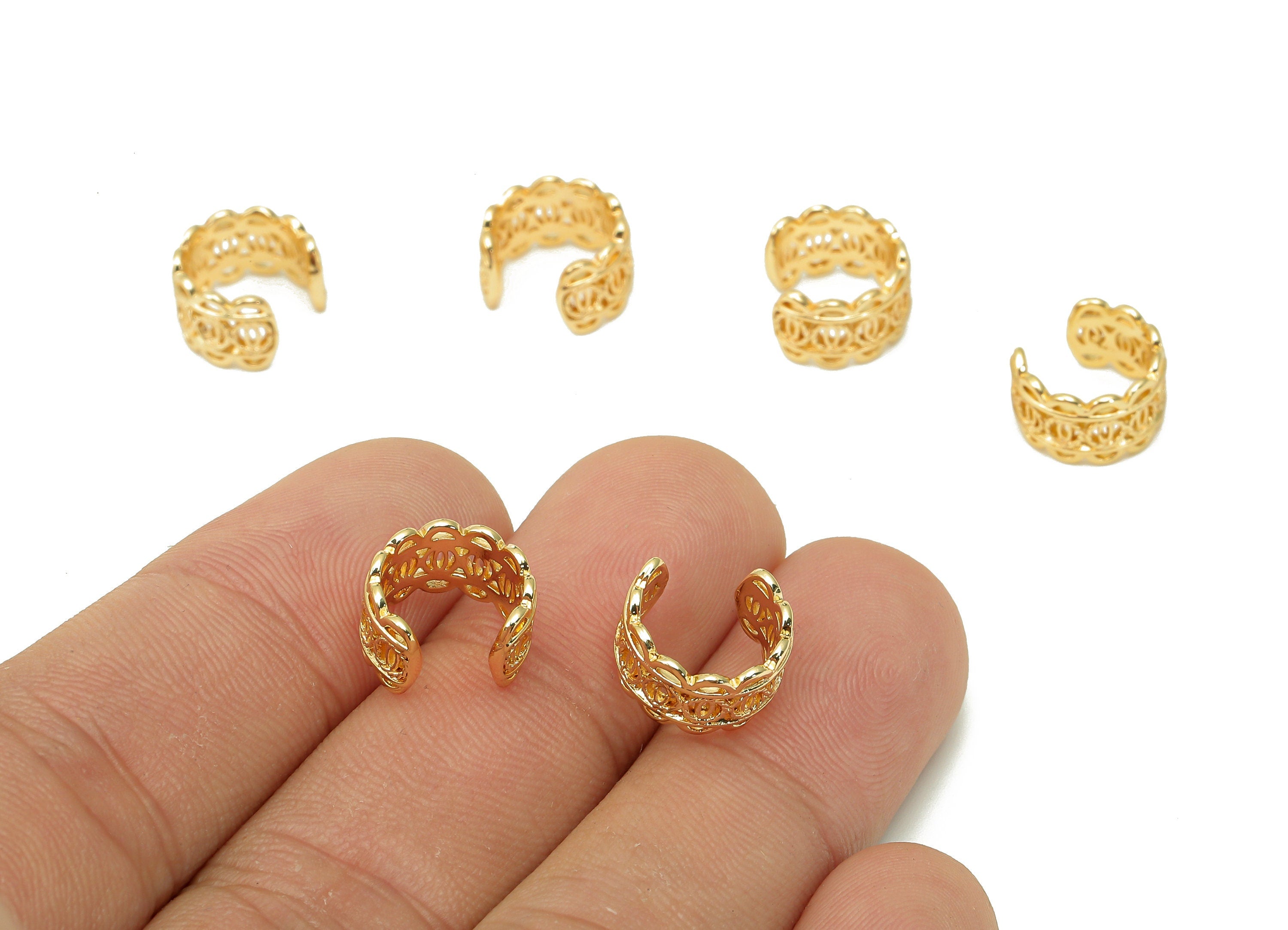 Brass Lacework Open Round C Ring - Coronet Hoop Ear Clip - Wide Hoop Earring Cuff - 18K Real Gold Plating Cuff Ear - 11.5x6.8x1.1mm -RGP5520 - DOMEDBAZAAR