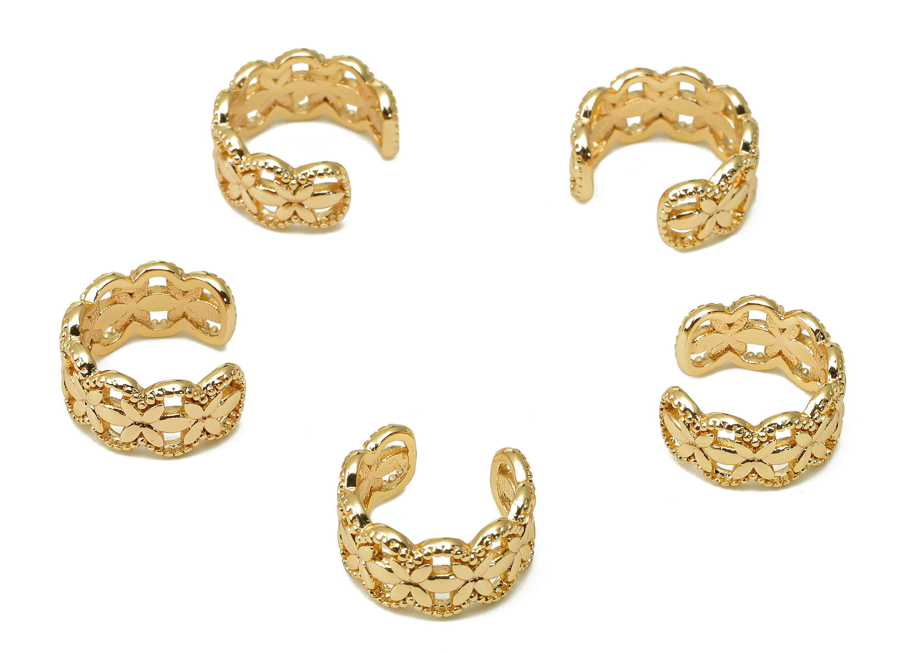 Brass Flower Open Round C Ring - Dots Wide Ear Clip - Coronet Hoop Earring Cuff - 18K Real Gold Plating Cuff Ear - 11.3x5.7x1.1mm - RGP5538 - DOMEDBAZAAR