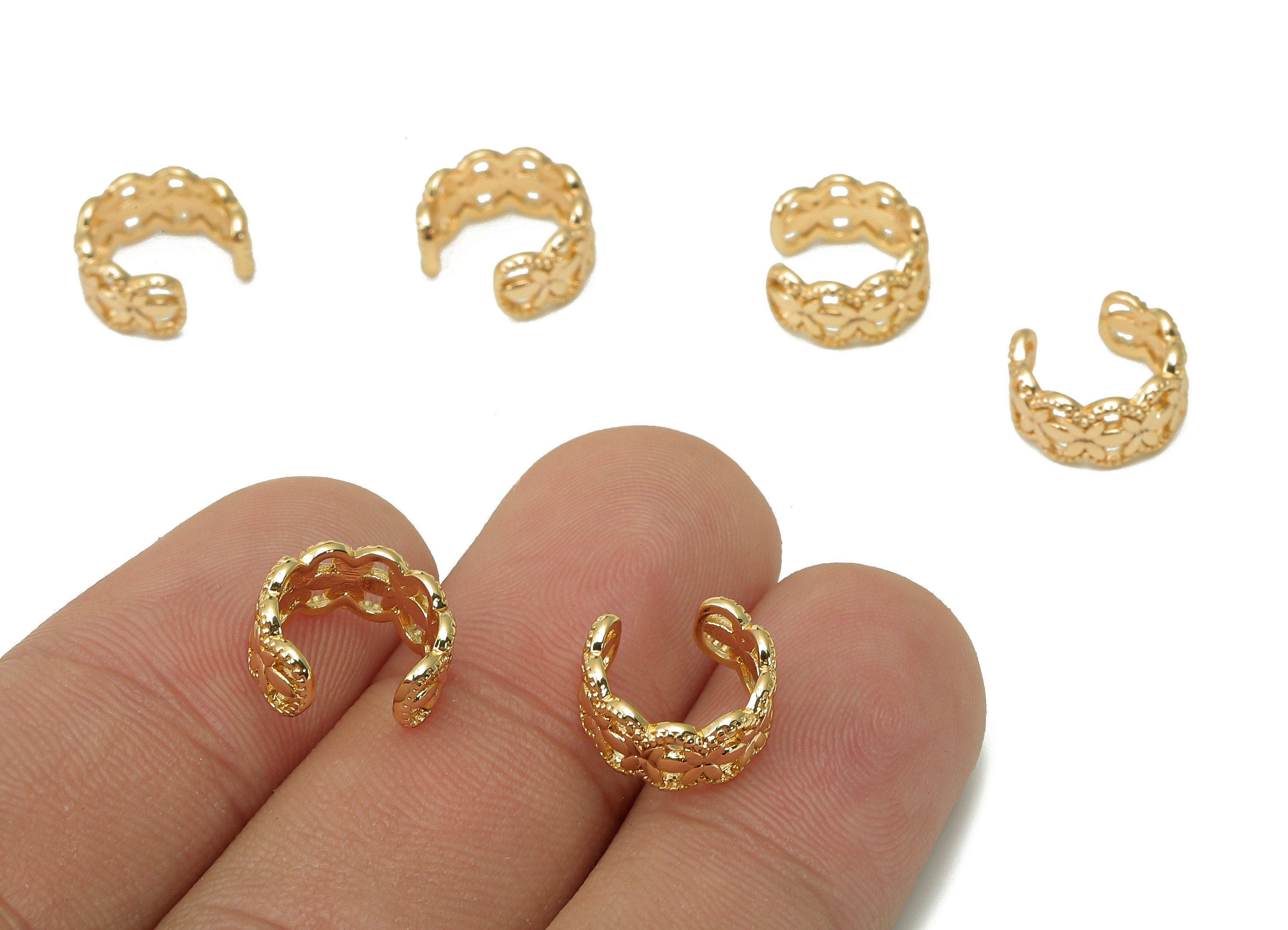Brass Flower Open Round C Ring - Dots Wide Ear Clip - Coronet Hoop Earring Cuff - 18K Real Gold Plating Cuff Ear - 11.3x5.7x1.1mm - RGP5538 - DOMEDBAZAAR