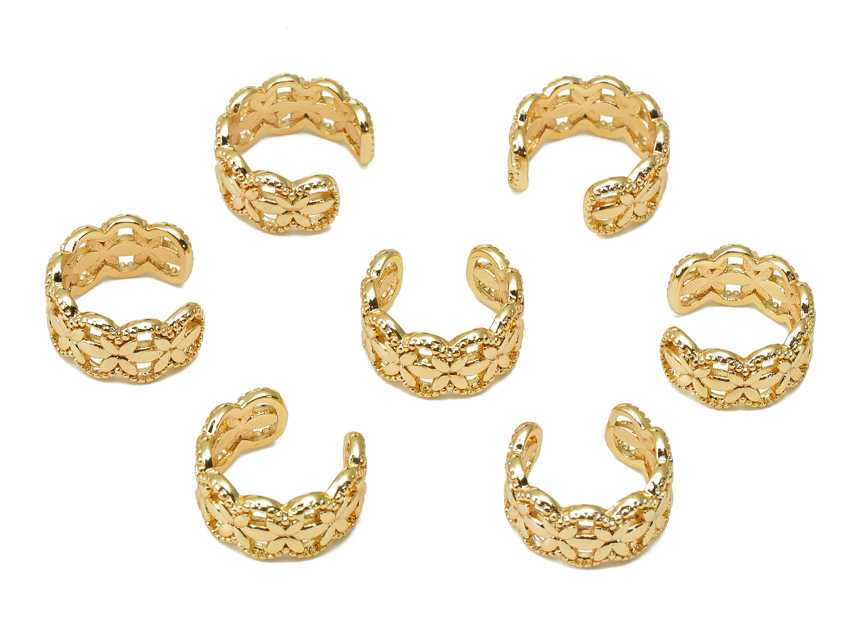 Brass Flower Open Round C Ring - Dots Wide Ear Clip - Coronet Hoop Earring Cuff - 18K Real Gold Plating Cuff Ear - 11.3x5.7x1.1mm - RGP5538 - DOMEDBAZAAR