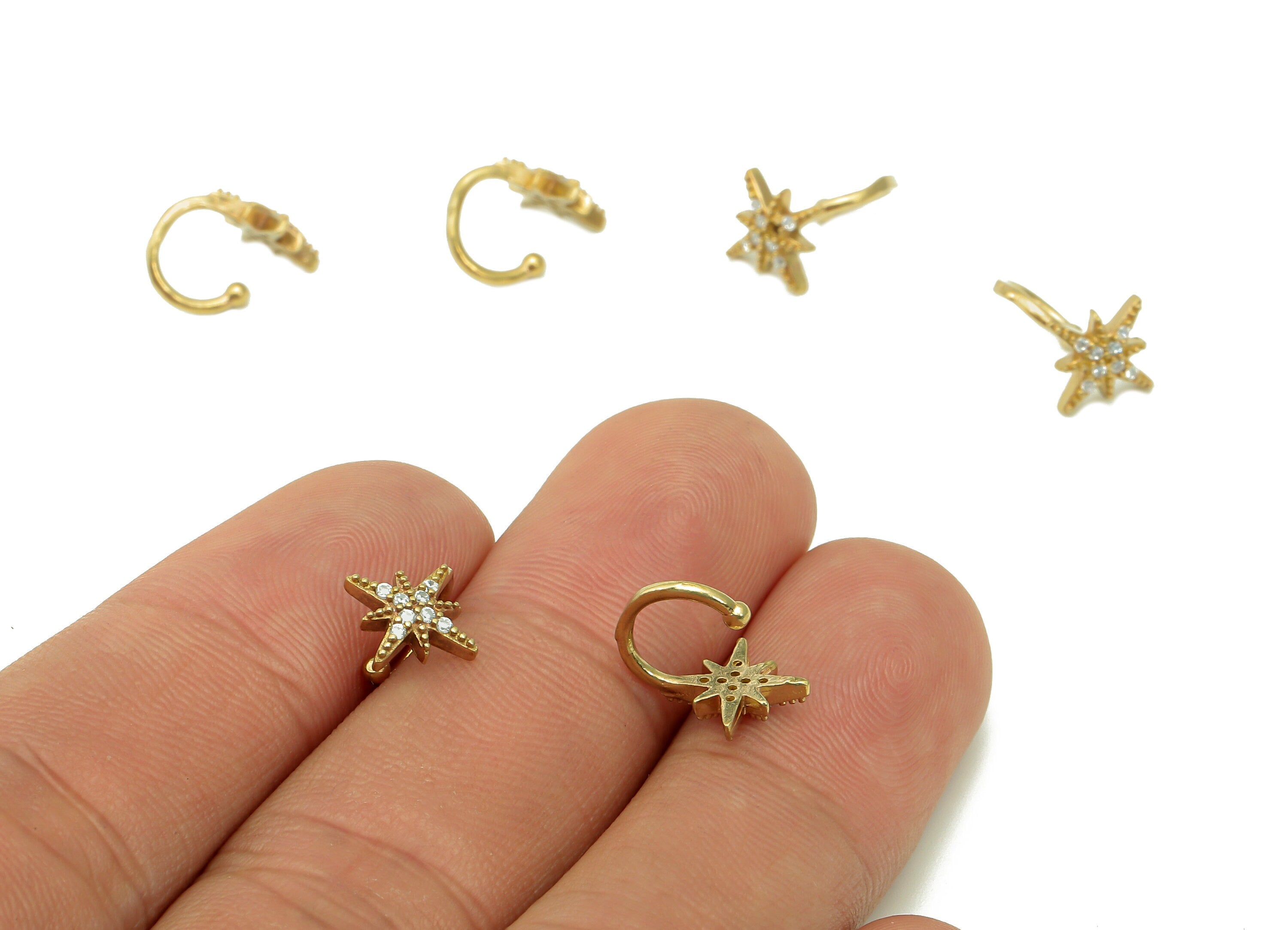 Brass Star Open Round C Ring - Raw Brass Cartilage Earring With Zircon - Planet Huggie Hoop Earring - Gift For Her - 11.1x7.9x1.9mm - PP8149 - DOMEDBAZAAR