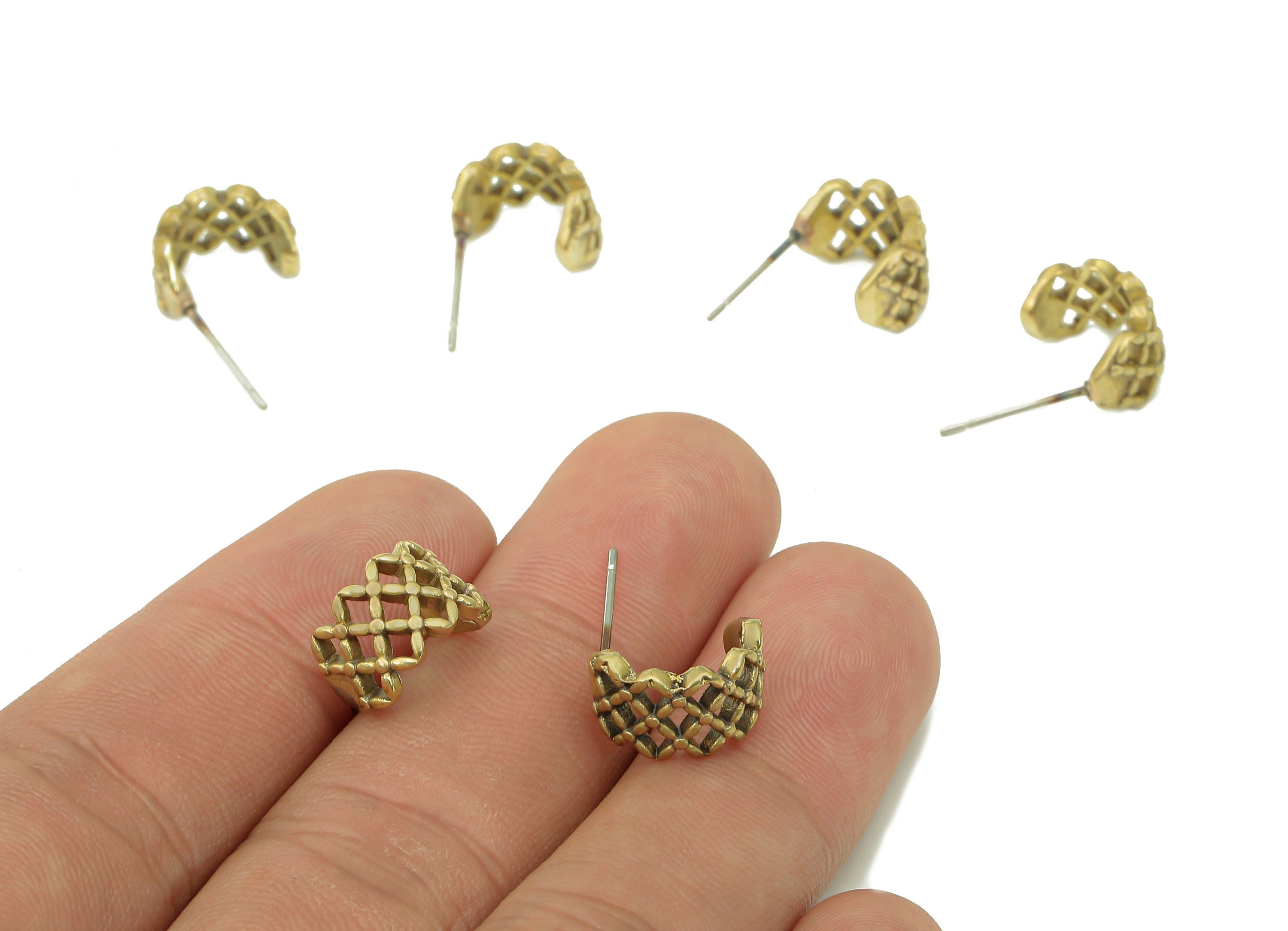 Brass Knitting Huggie C Earrings Stud - Raw Brass Mesh Earring Post - Braid Stud Earring - 316 Stainless Steel - 11.97x7.7x2.33mm - PP8150 - DOMEDBAZAAR