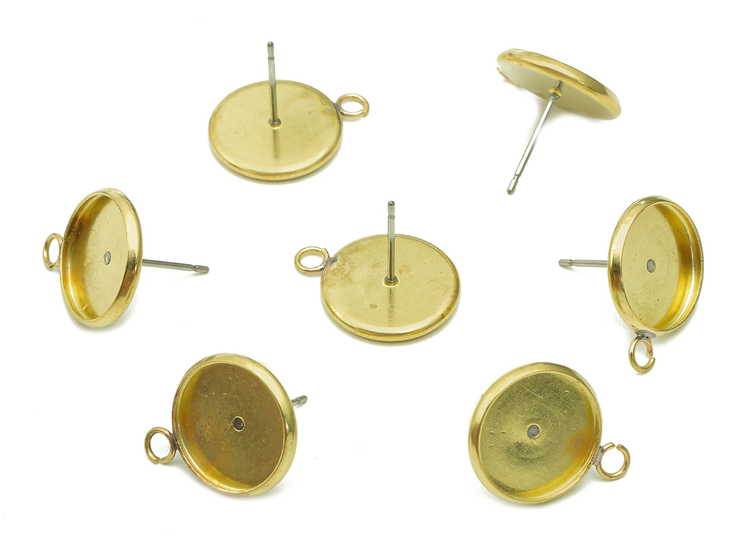 Brass Cabachon Stud Earring - Raw Brass Circle Earring Post - Round Pot Earring With Loop - Stainless Steel Stud - 17.1x13.6x1.5mm-PP8075-14 - DOMEDBAZAAR