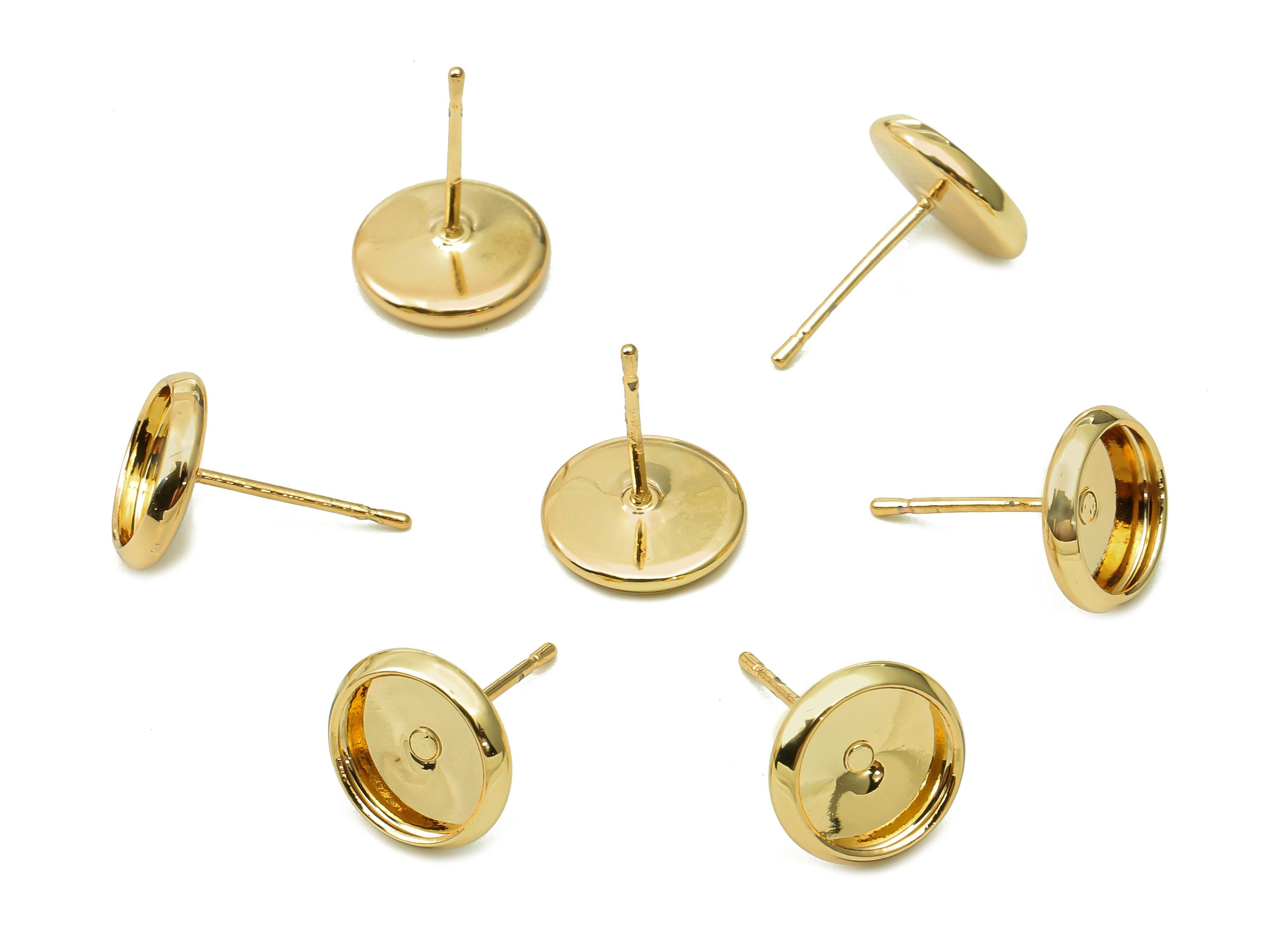 Brass Cabachon Round Stud Earring - Gold Circle Pot Earring Post - 316 Stainless Steel - 18K Real Gold Plating - 10.1x10.1x0.5mm - RGP5449-8 - DOMEDBAZAAR