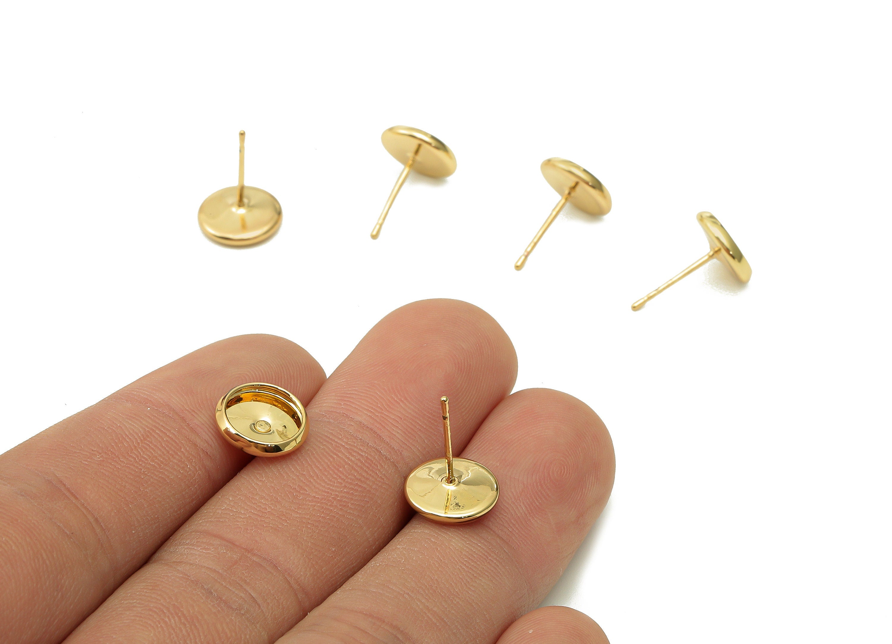 Brass Cabachon Round Stud Earring - Gold Circle Pot Earring Post - 316 Stainless Steel - 18K Real Gold Plating - 10.1x10.1x0.5mm - RGP5449-8 - DOMEDBAZAAR