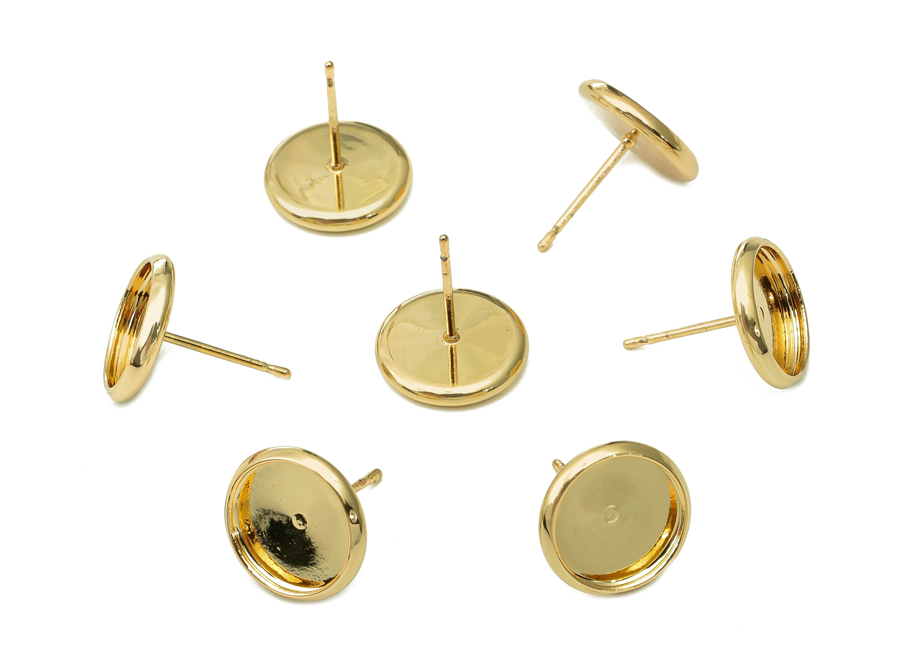 Brass Cabachon Round Stud Earring - Gold Circle Pot Earring Post - 316 Stainless Steel - 18K Real Gold Plating - 11.9x11.9x0.4mm -RGP5449-10 - DOMEDBAZAAR