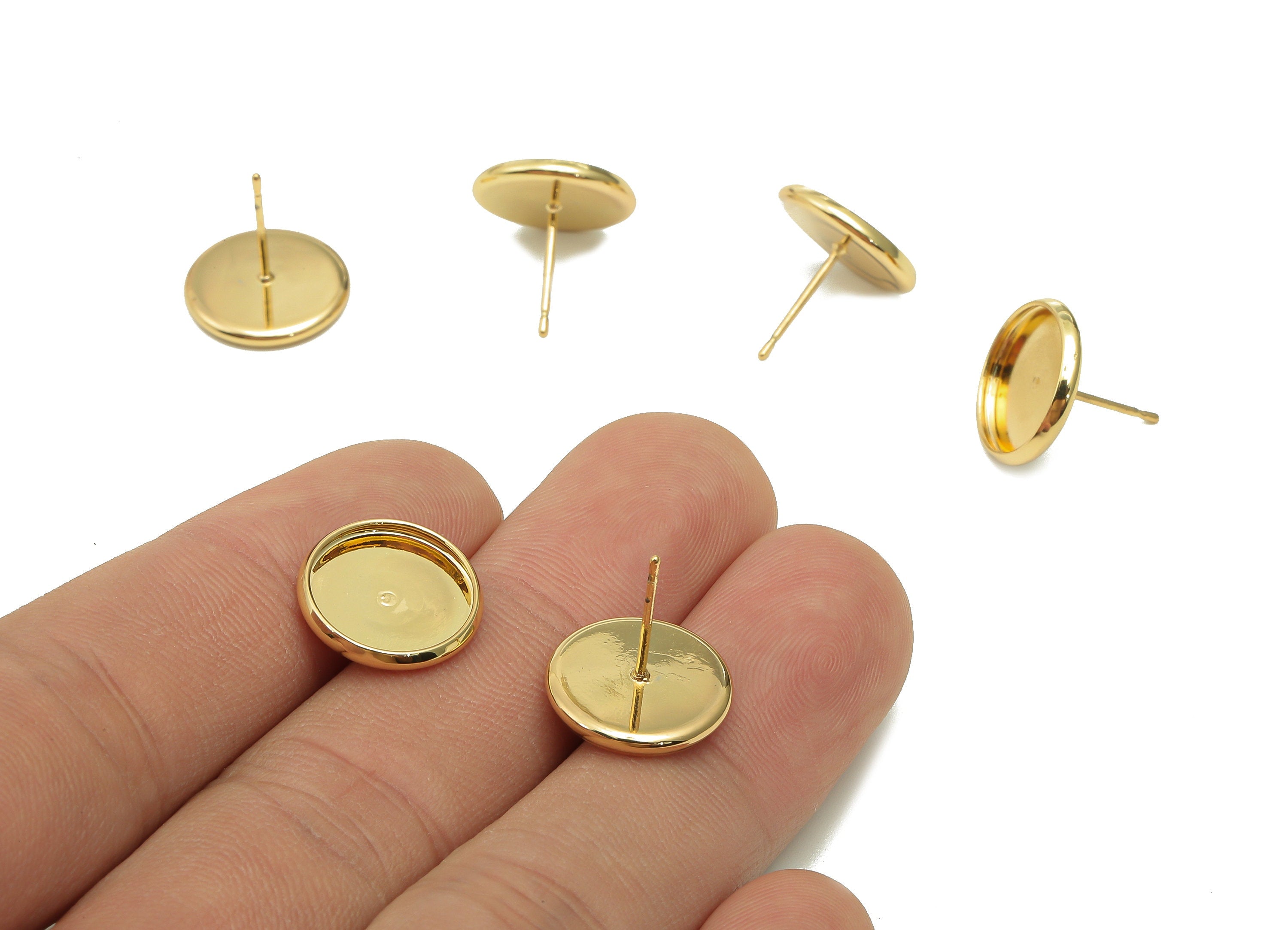 Brass Cabachon Round Stud Earring - Gold Circle Pot Earring Post - 316 Stainless Steel - 18K Real Gold Plating - 13.8x13.8x0.4mm -RGP5449-12 - DOMEDBAZAAR