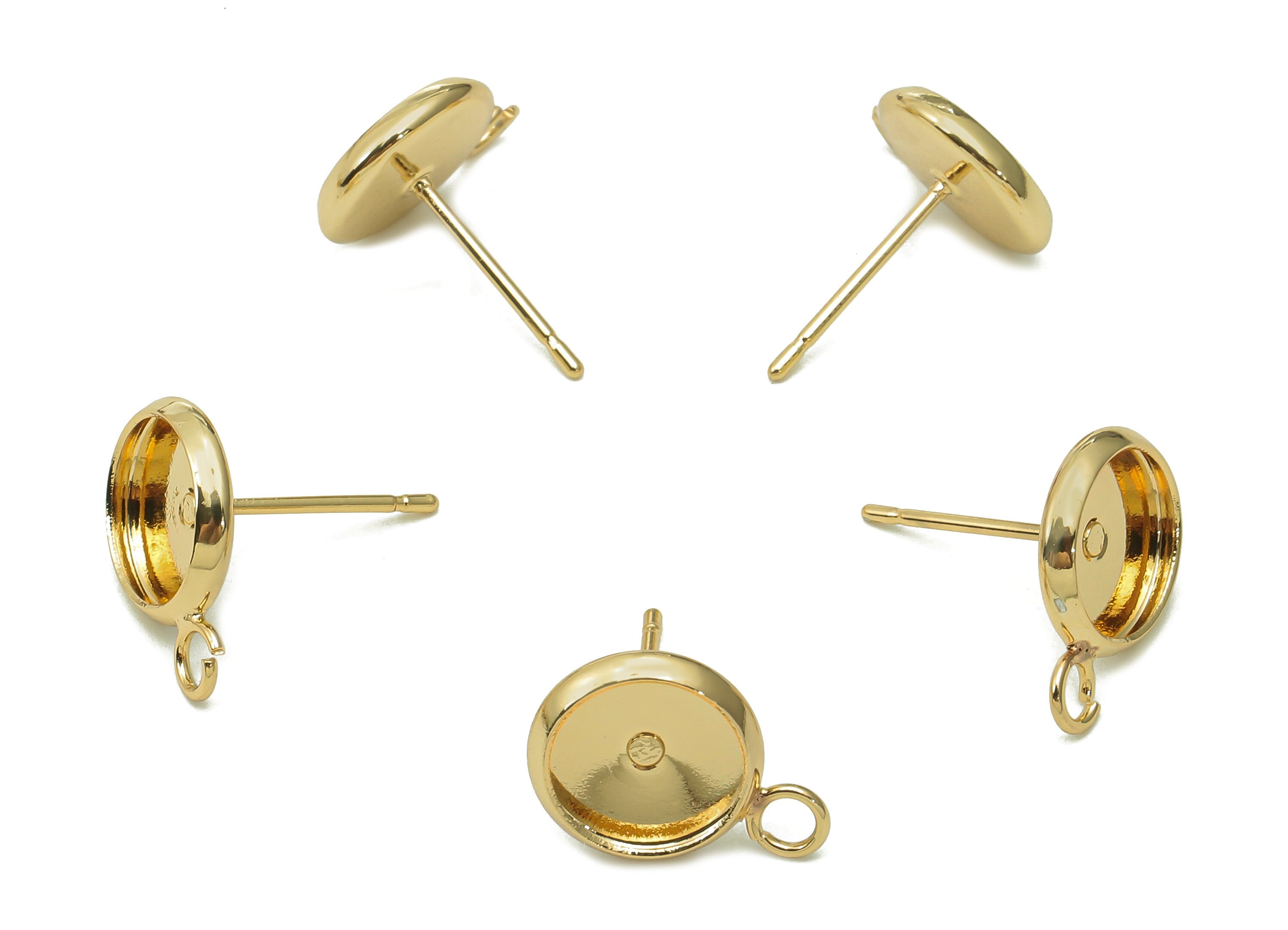 Brass Cabachon Round Stud Earring - Circle Pot Earring Post With Loop - 316 Stainless Steel - 18K Real Gold Plating - 10x10x0.5mm -RGP5451-8 - DOMEDBAZAAR