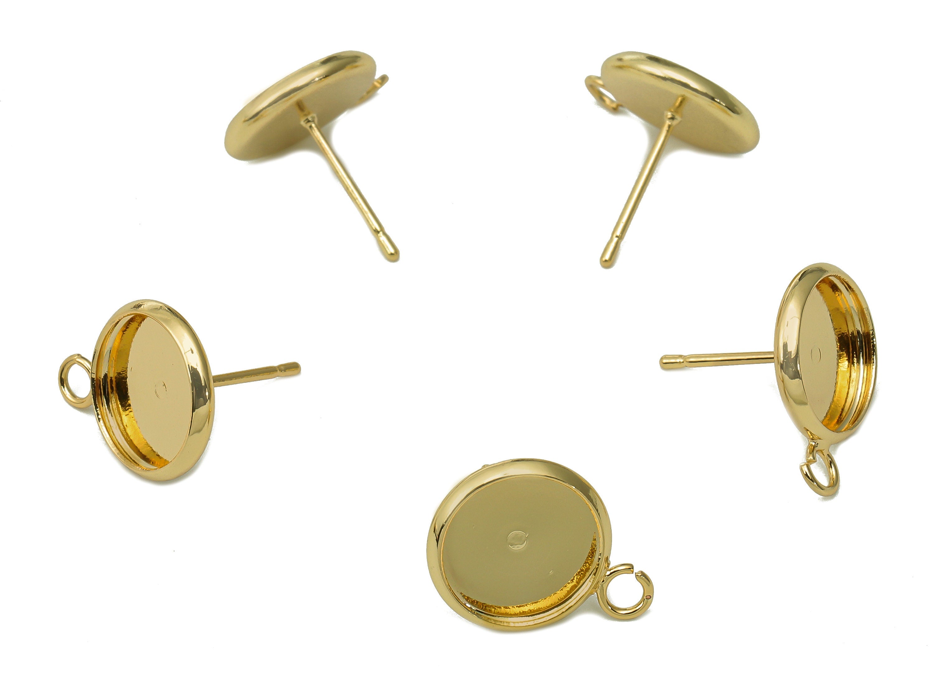 Brass Cabachon Stud Earring - Round Pot Earring Post With Loop - 316 Stainless Steel - 18K Real Gold Plating - 15.3x11.9x0.4mm - RGP5451-10 - DOMEDBAZAAR