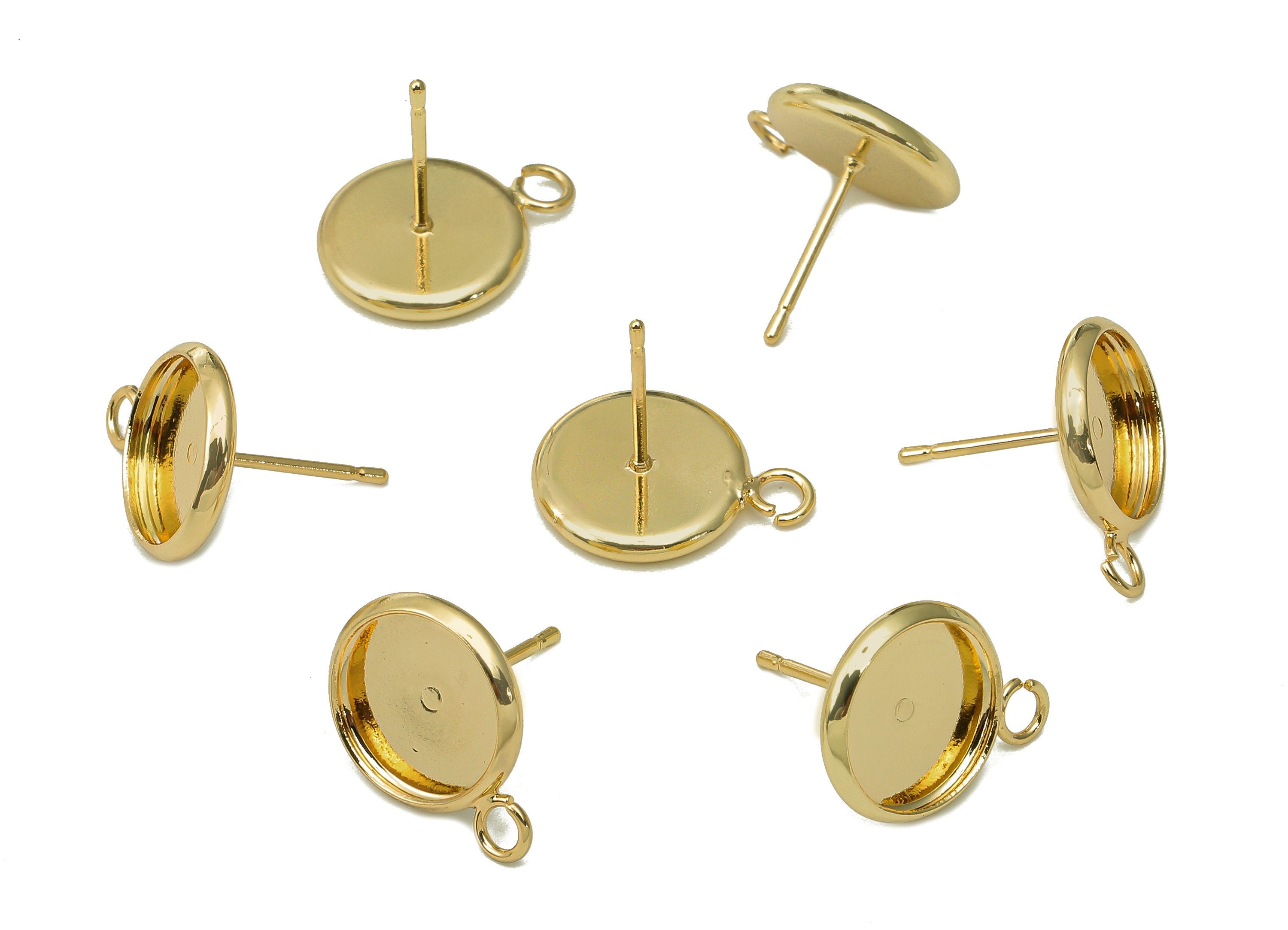 Brass Cabachon Stud Earring - Round Pot Earring Post With Loop - 316 Stainless Steel - 18K Real Gold Plating - 15.3x11.9x0.4mm - RGP5451-10 - DOMEDBAZAAR