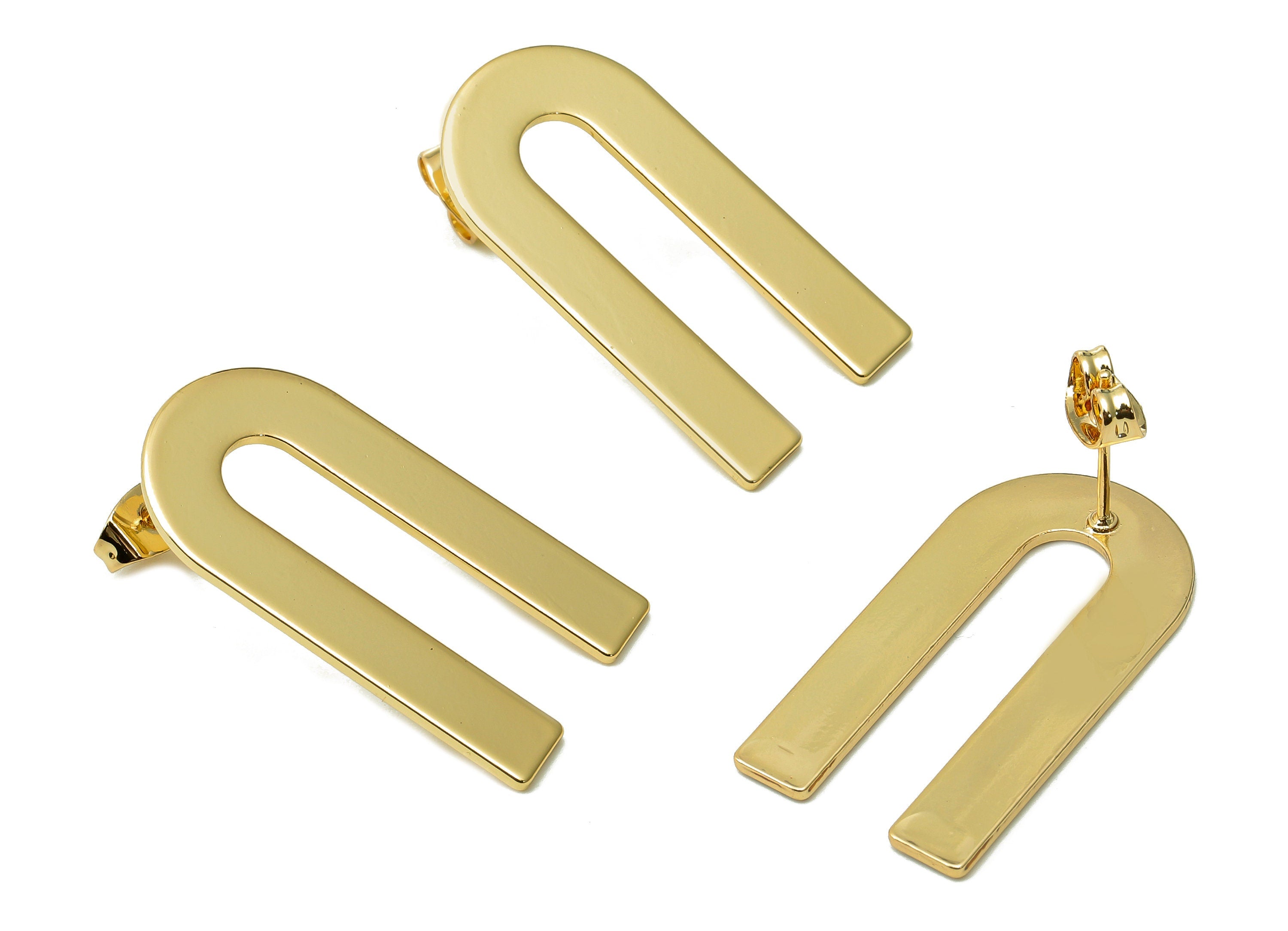 Brass U Stud Earring - Gold U Earring Post - 316 Stainless Steel - 18K Real Gold Plating - 30.3x15.8x1mm - RGP5444 - DOMEDBAZAAR