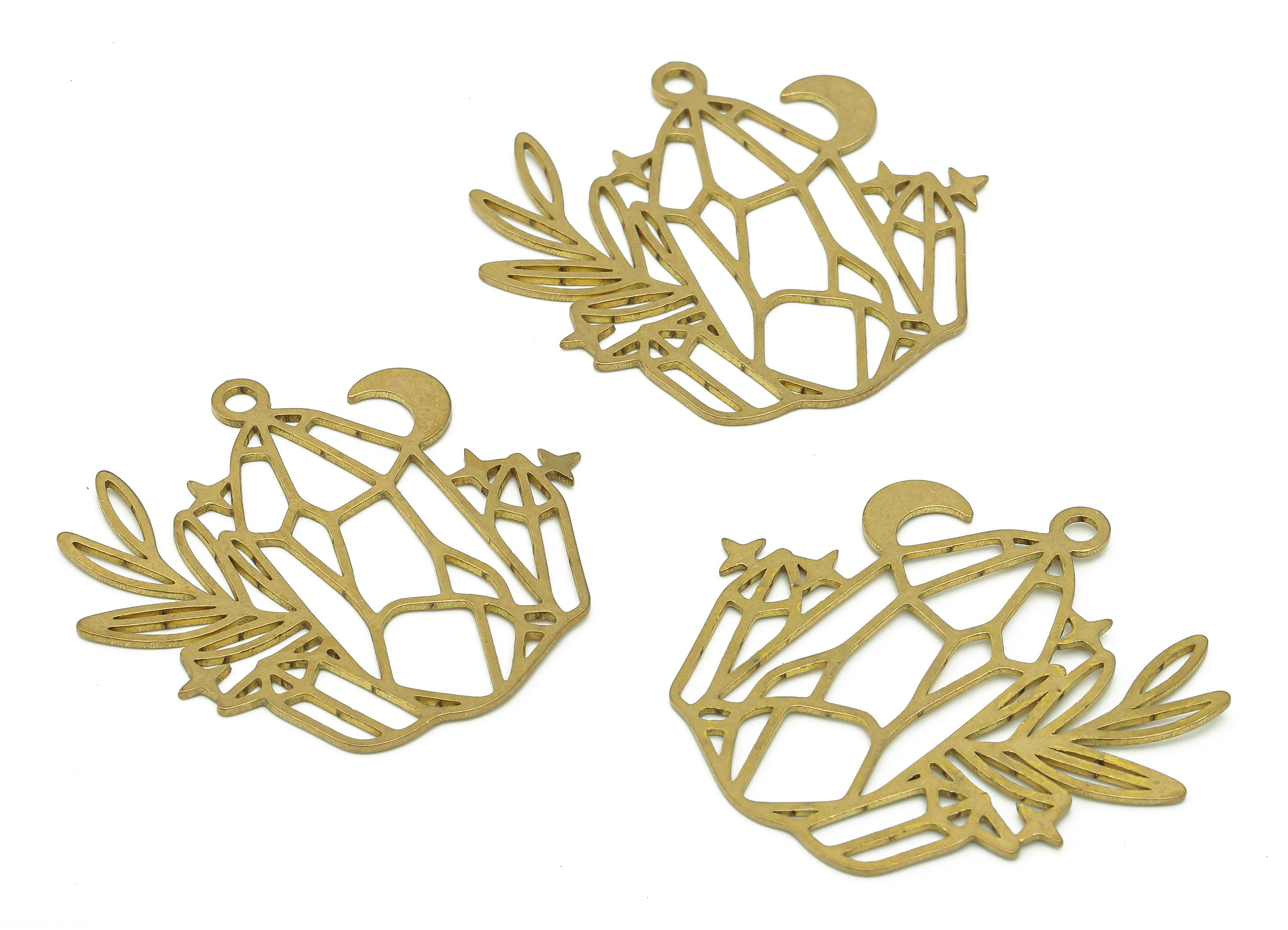 Brass Flower Crescent Earring Charms - Raw Brass Hanging Flower Earring - Pendant With Loop - Jardiniere Charm - 33x35.1x0.6mm - PPZ0195 - DOMEDBAZAAR