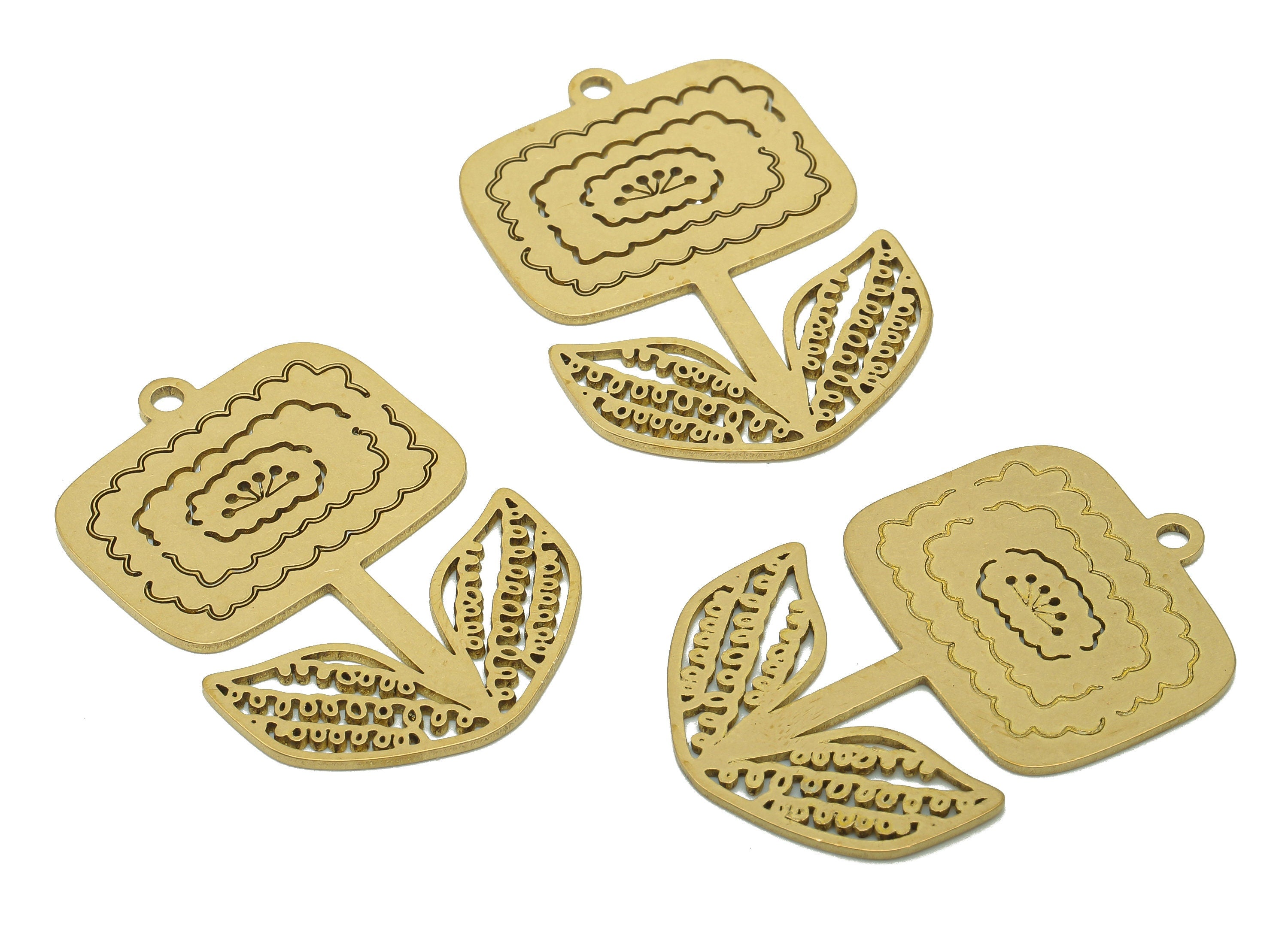 Brass Flower Square Earring Charms - Raw Brass Flower Earring - Pendant With Loop - Botanical Charm For Necklace - 37.8x24.6x0.9mm - PPA5781 - DOMEDBAZAAR