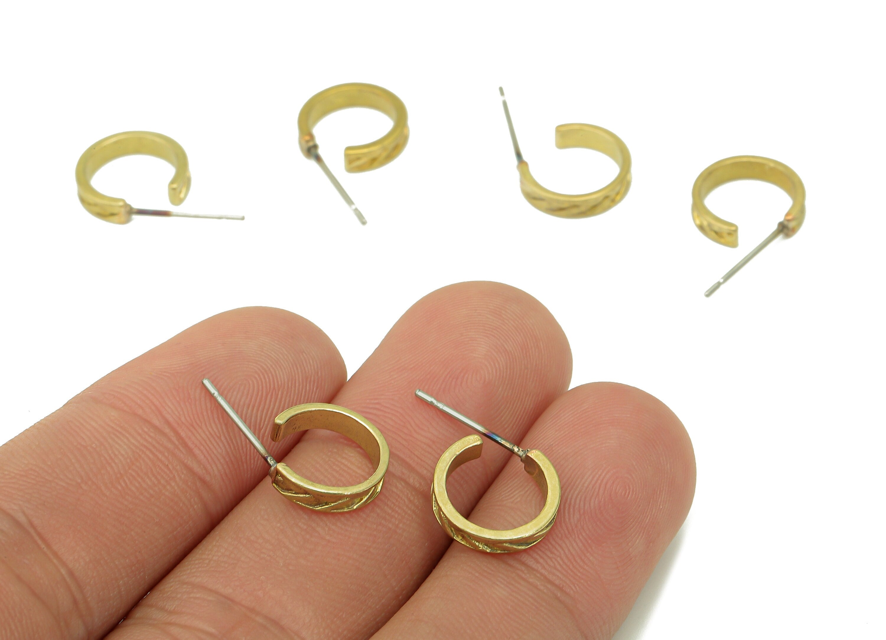 Brass Mini Hoop Earrings Stud - Raw Brass C Earring Post - Textured Open Hoop Stud Earring - 316 Stainless Steel - 10.9x2.65x1.17mm - PP8152 - DOMEDBAZAAR