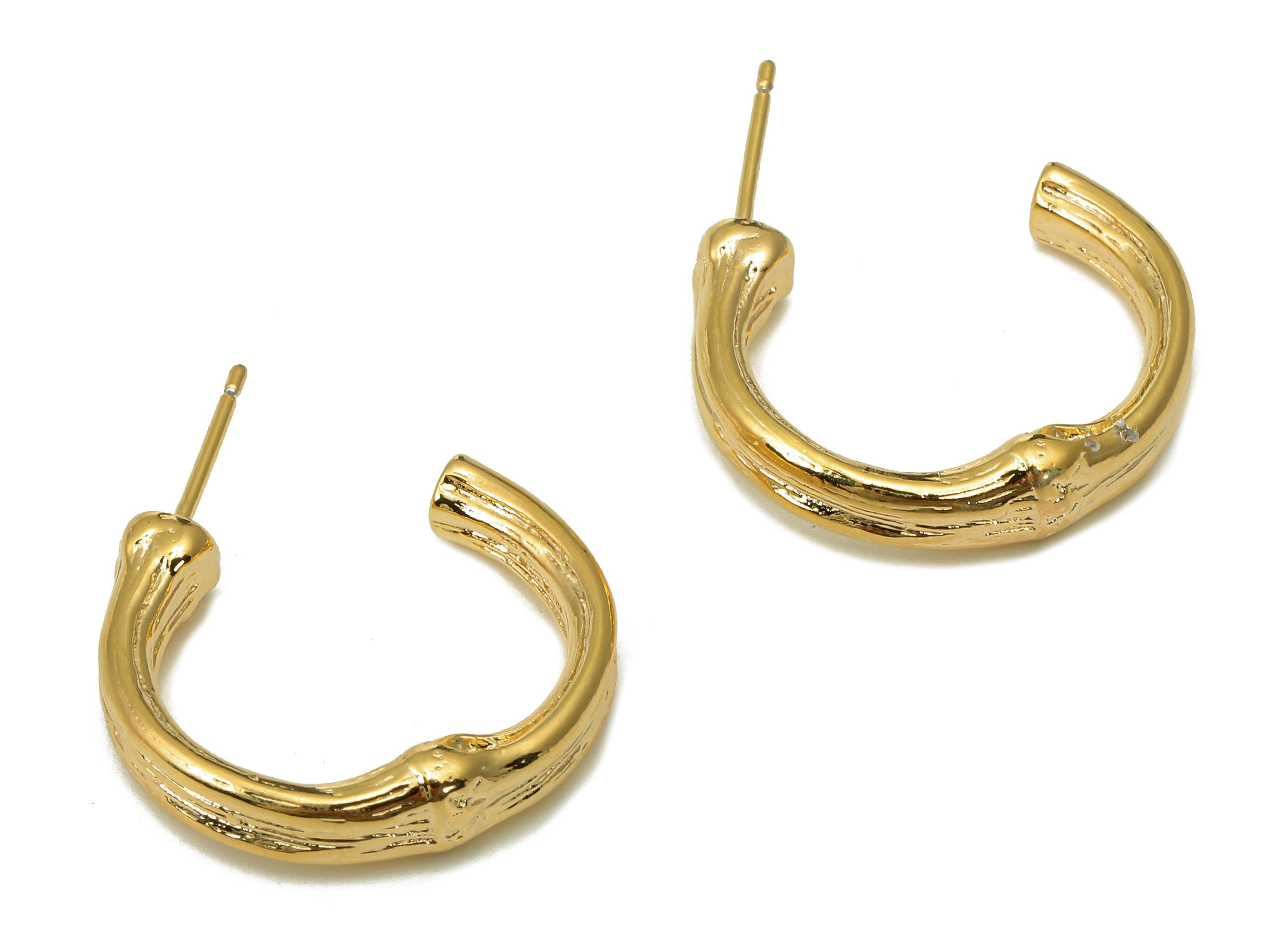 Brass Thick Hoop Stud Earrings - Textured Bamboo Earring Post - 316 Stainless Steel Stud - 18K Real Gold Plating - 27.5x22.4x4.8mm - RGP5527 - DOMEDBAZAAR