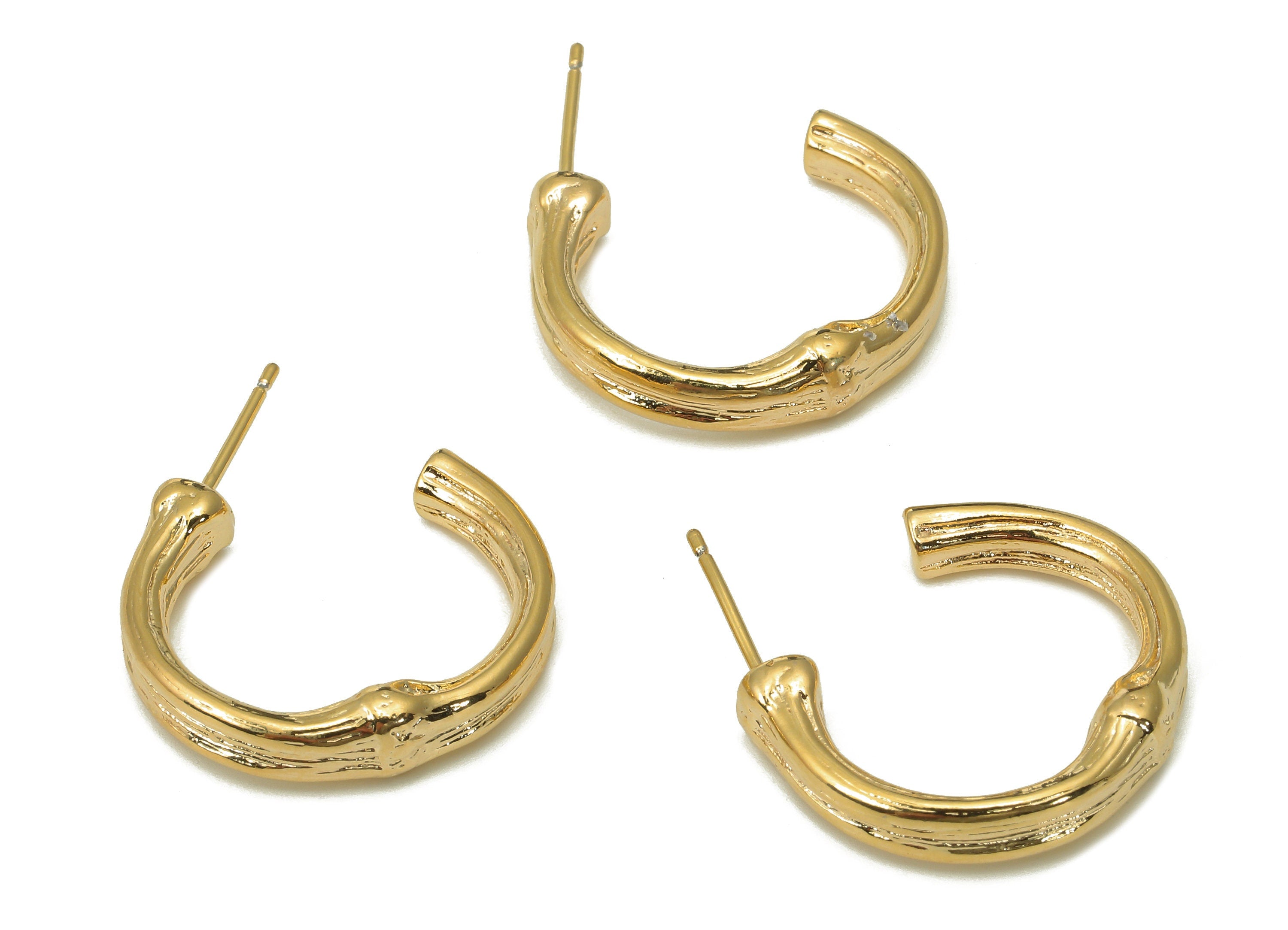 Brass Thick Hoop Stud Earrings - Textured Bamboo Earring Post - 316 Stainless Steel Stud - 18K Real Gold Plating - 27.5x22.4x4.8mm - RGP5527 - DOMEDBAZAAR