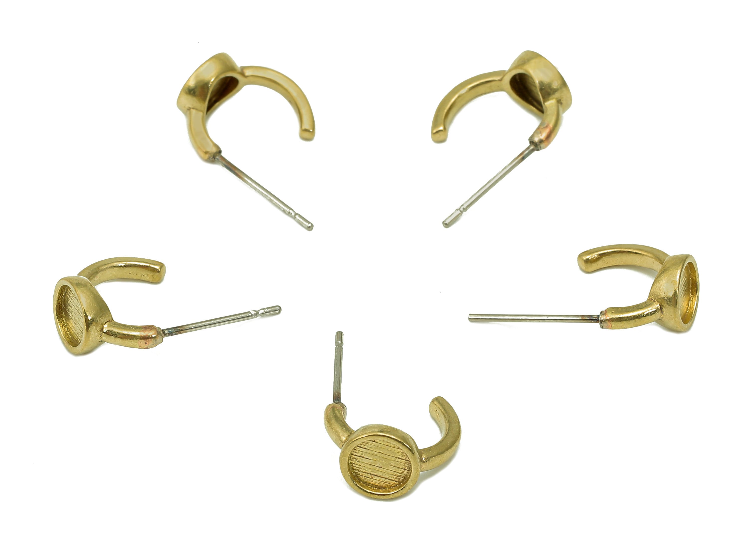 Brass Earring Settings - Raw Brass Round Bezel Cup Earring Post - Hoop Cabachon Earring - 316 Stainless Steel - 11.07x6.18x1.5mm - PP8153 - DOMEDBAZAAR