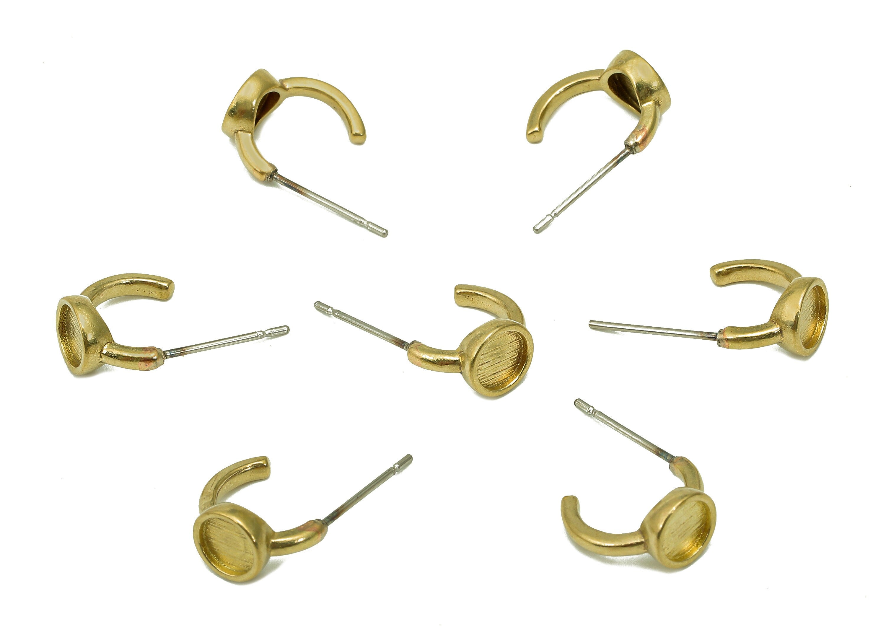 Brass Earring Settings - Raw Brass Round Bezel Cup Earring Post - Hoop Cabachon Earring - 316 Stainless Steel - 11.07x6.18x1.5mm - PP8153 - DOMEDBAZAAR