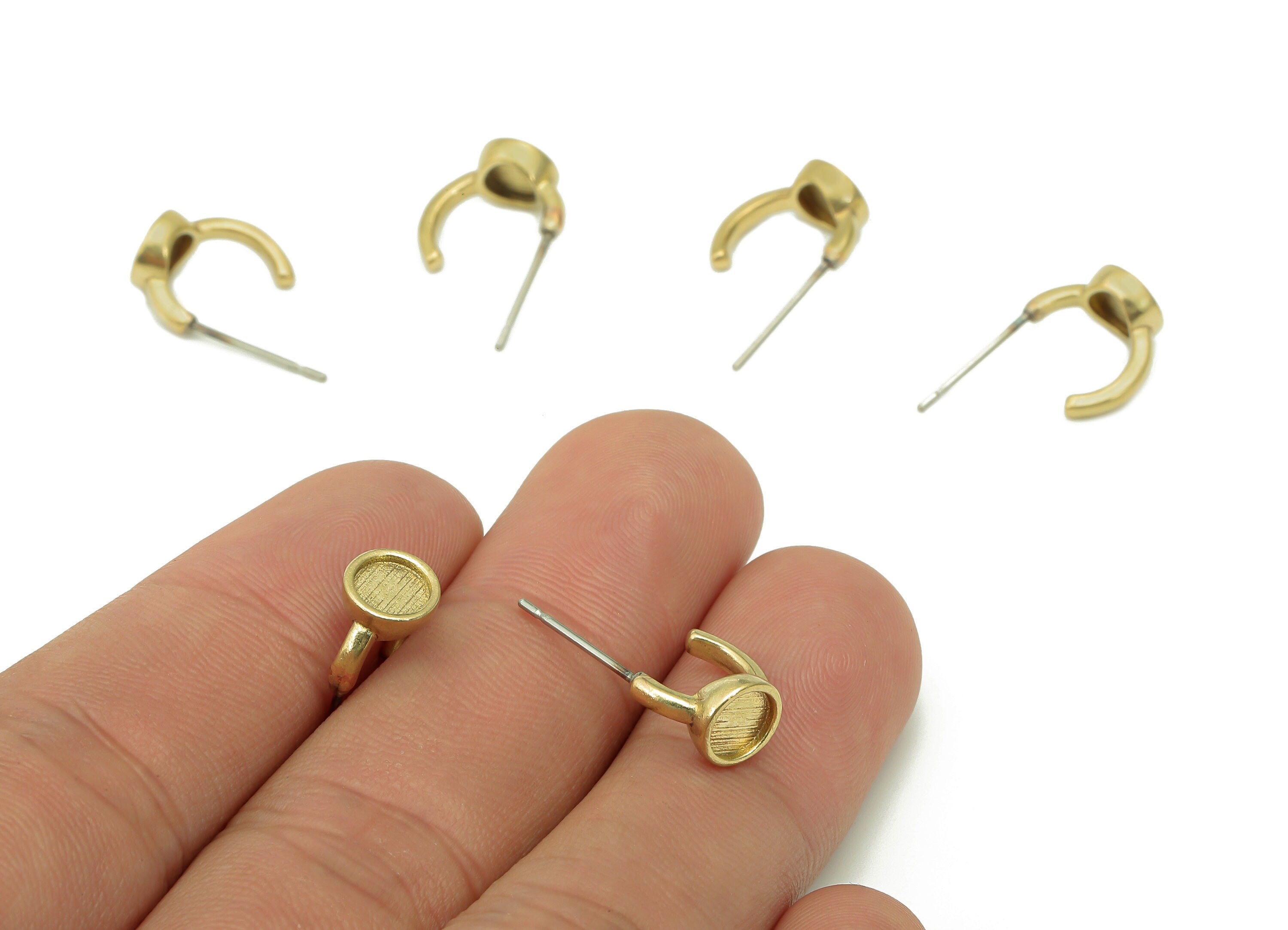 Brass Earring Settings - Raw Brass Round Bezel Cup Earring Post - Hoop Cabachon Earring - 316 Stainless Steel - 11.07x6.18x1.5mm - PP8153 - DOMEDBAZAAR