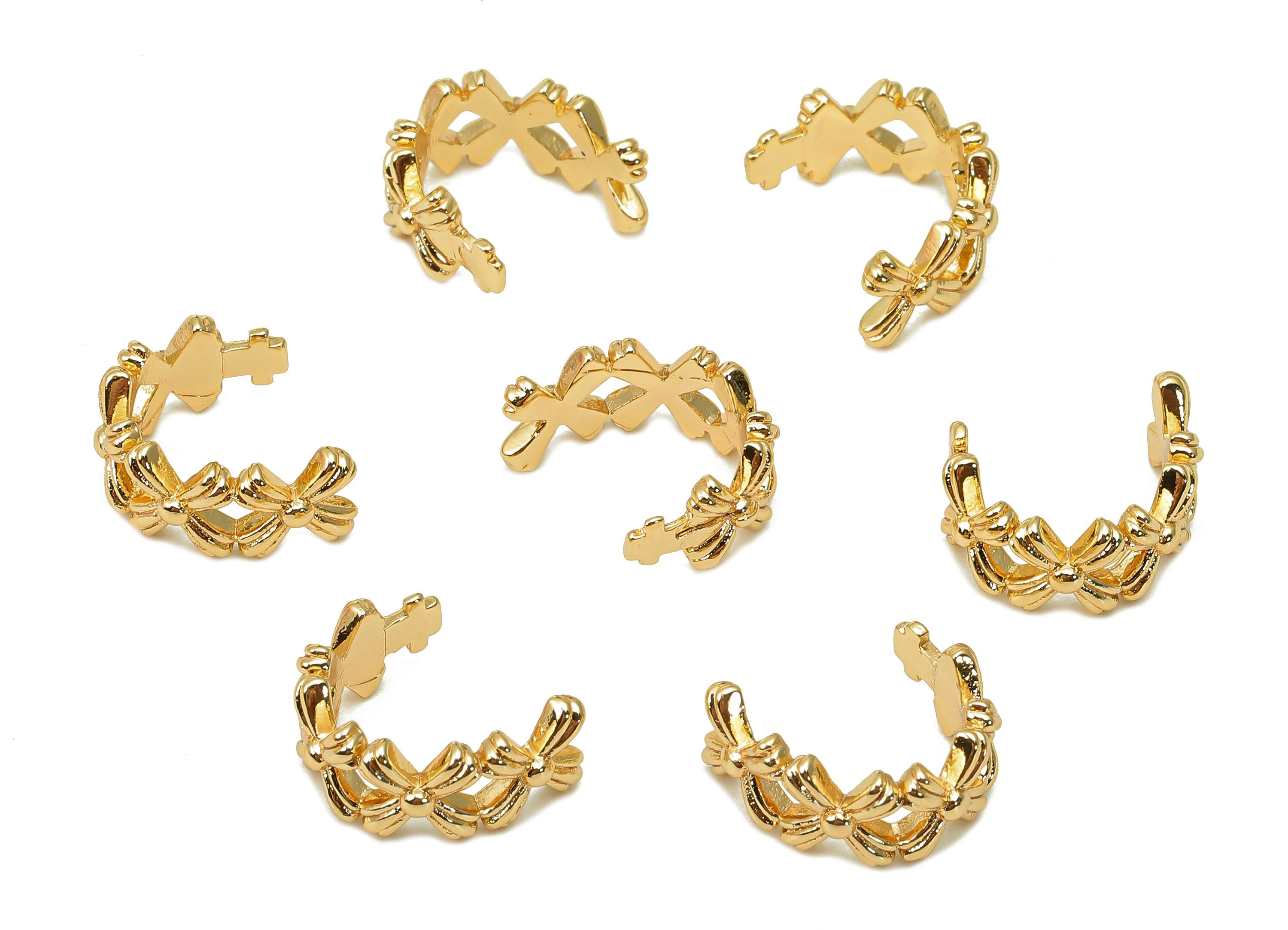 Brass Flower Open Round C Ring - Wide Intersect Hoop Earring Cuff - Ear Clip - 18K Real Gold Plating Cuff Ear - 11.8x6.4x1.7mm - RGP5530 - DOMEDBAZAAR