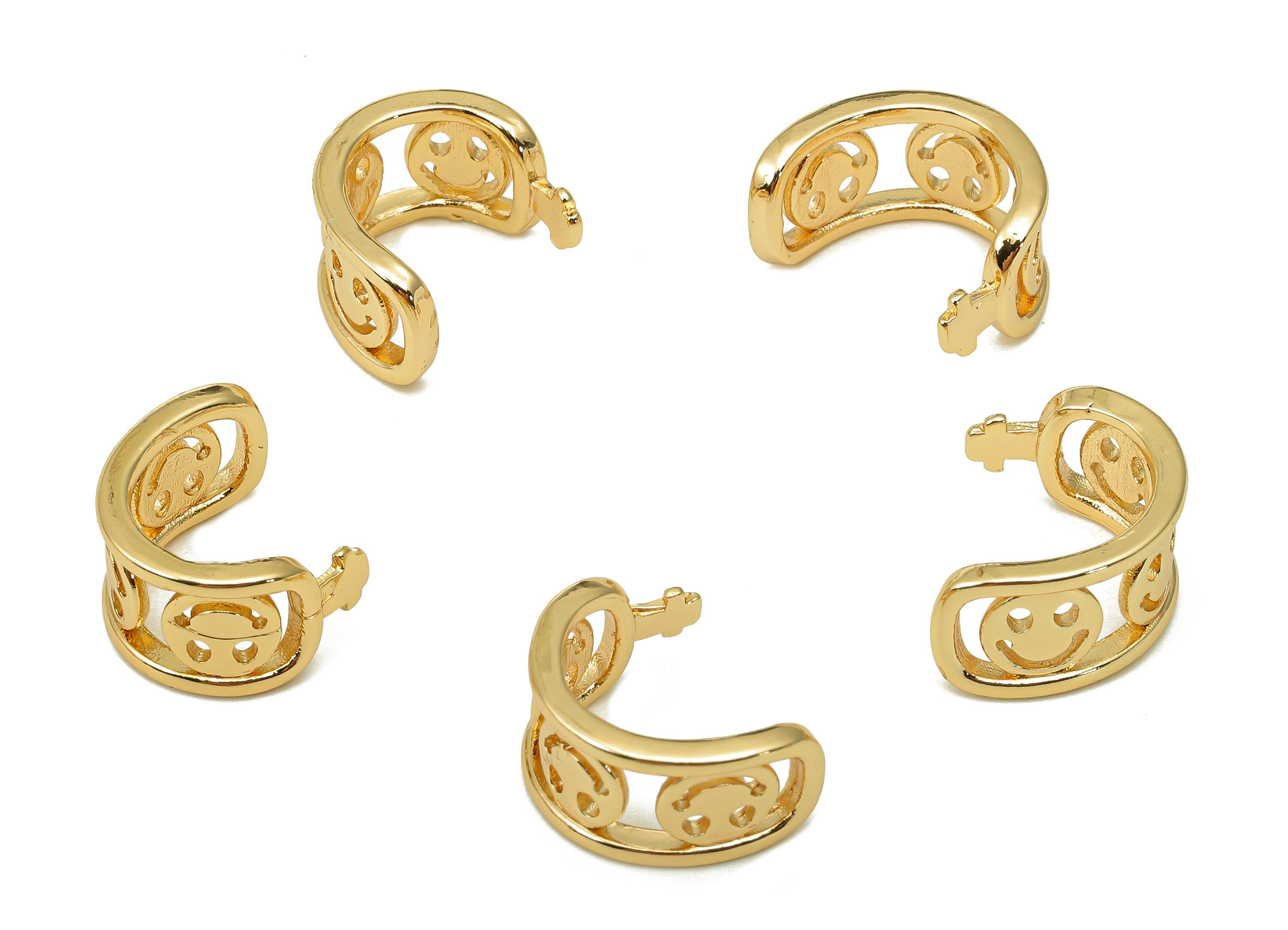 Brass Smile Open Round C Ring - Happy Face Hoop Earring Cuff - Hollow Ear Clip - 18K Real Gold Plating Cuff Ear - 13x8.1x1.6mm - RGP5531 - DOMEDBAZAAR