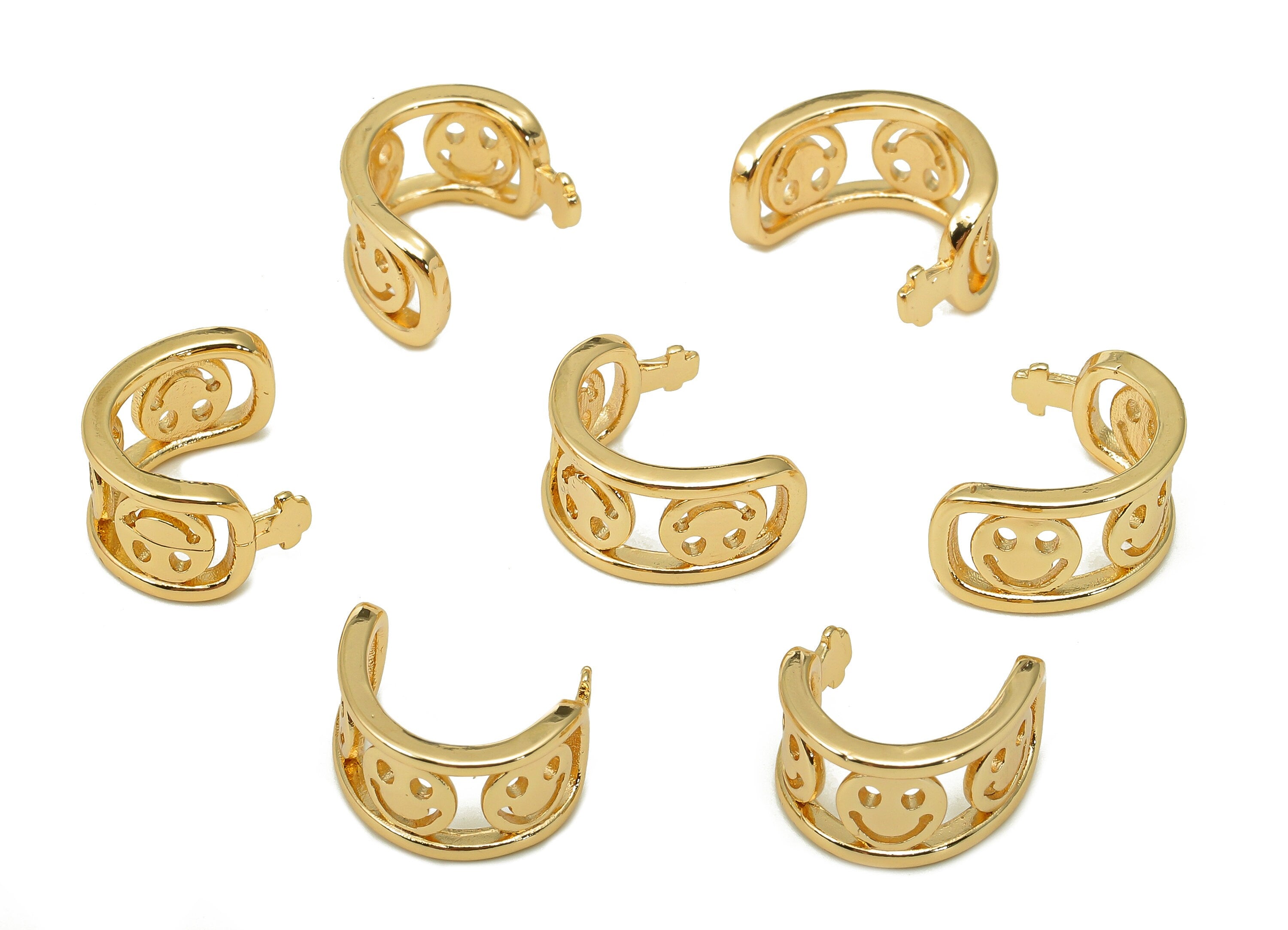 Brass Smile Open Round C Ring - Happy Face Hoop Earring Cuff - Hollow Ear Clip - 18K Real Gold Plating Cuff Ear - 13x8.1x1.6mm - RGP5531 - DOMEDBAZAAR