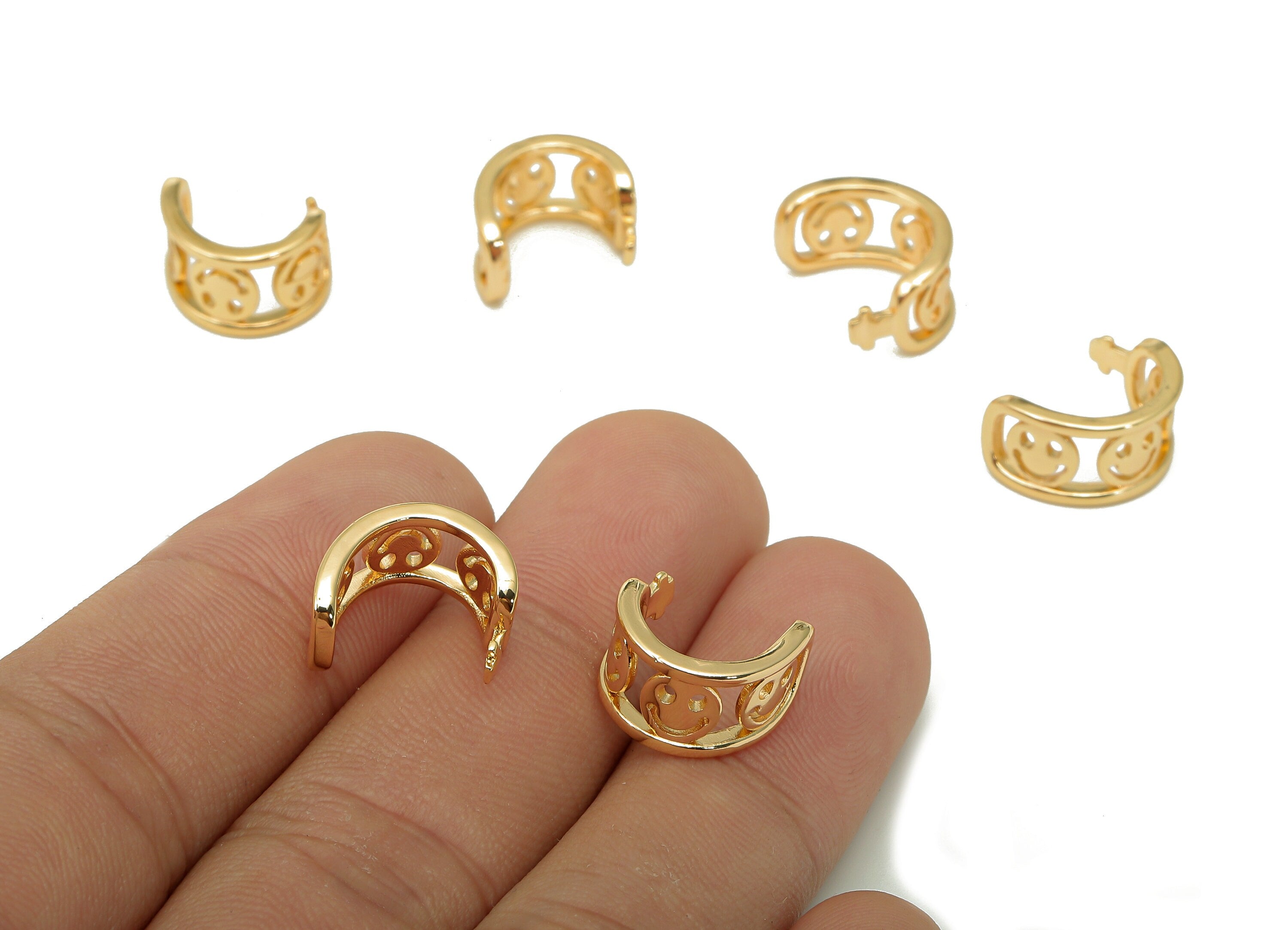 Brass Smile Open Round C Ring - Happy Face Hoop Earring Cuff - Hollow Ear Clip - 18K Real Gold Plating Cuff Ear - 13x8.1x1.6mm - RGP5531 - DOMEDBAZAAR