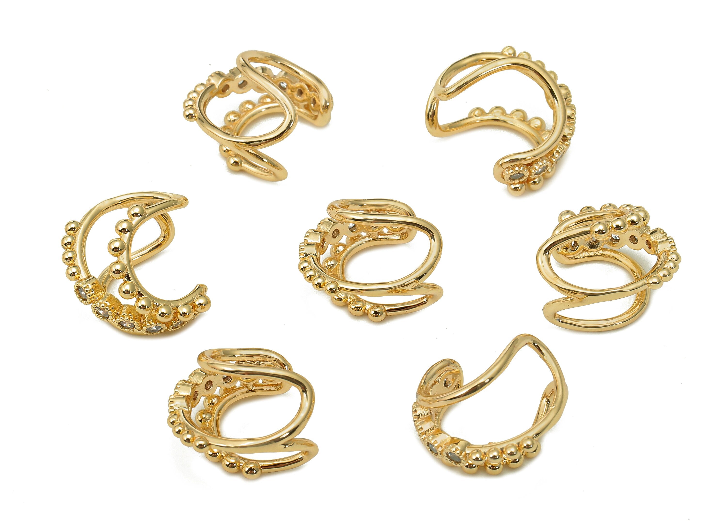 Brass Beads Open Round C Ring - Mini Beads With Zircon - Curved Hollow Hoop Ear Cuff - 18K Real Gold Plated Brass - 14.6x13x1.86mm - RGP5457 - DOMEDBAZAAR