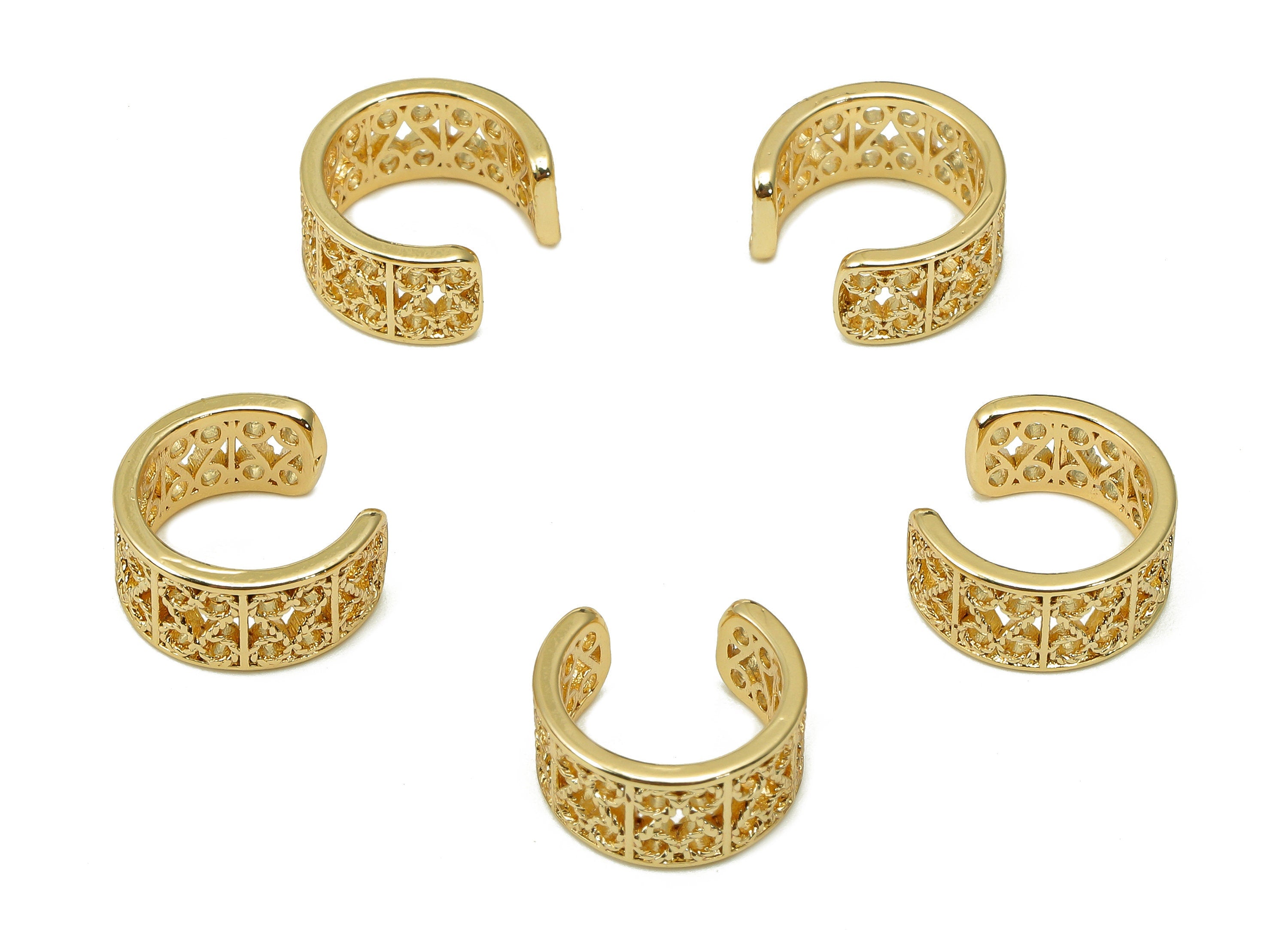 Brass Open Round C Ring - Textured Wide Earring Cuff - Pattern Hollow Hoop Ear Cuff - 18K Real Gold Plating Cuff Ear - 11.2x5.4x1mm -RGP5534 - DOMEDBAZAAR