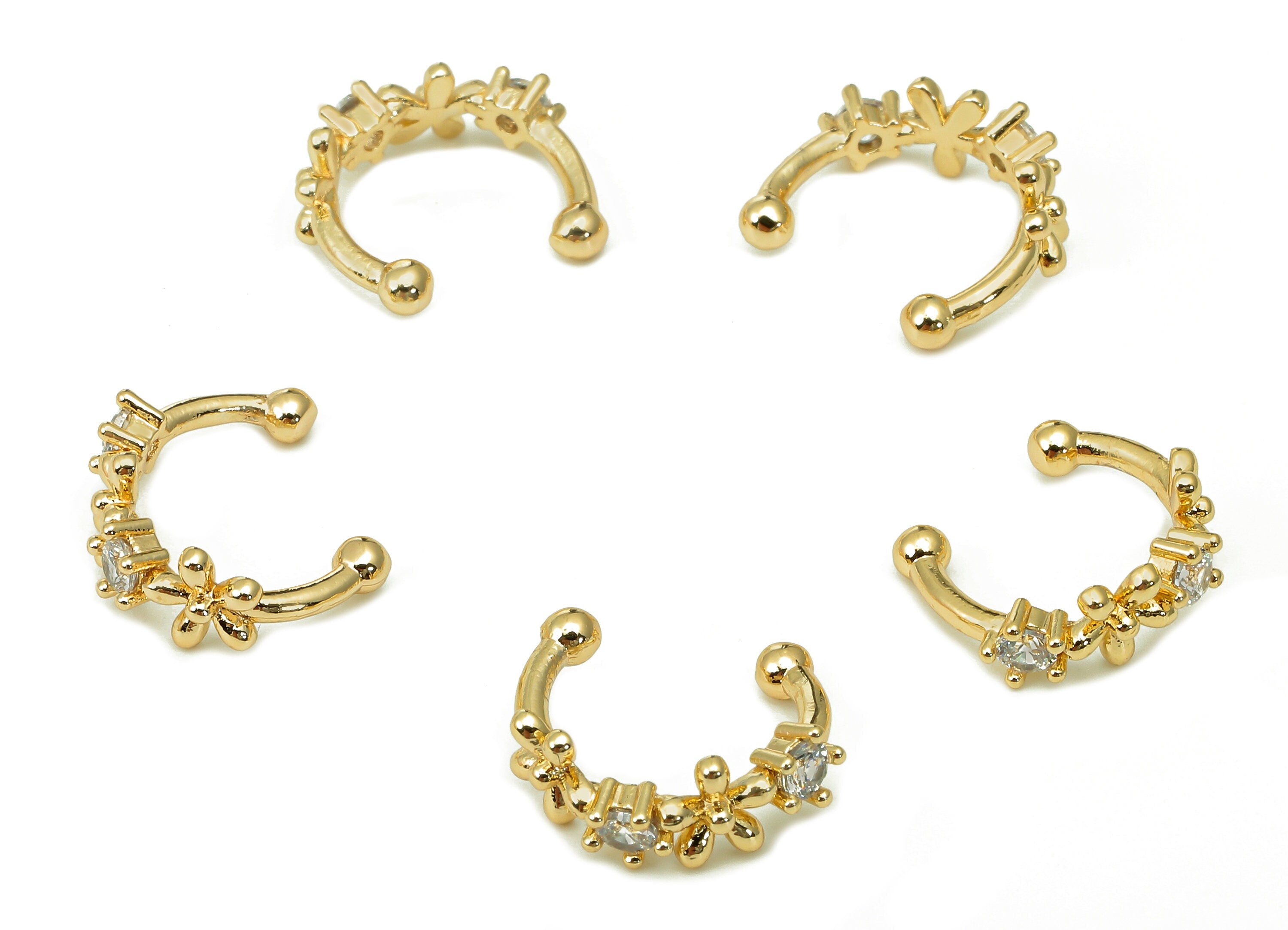 Brass Flower Open Round C Ring - Septum Ring With Zircon - Cartilage Earring - 18K Real Gold Plated Brass - 14.23x11.34x2.13mm - RGP5458 - DOMEDBAZAAR